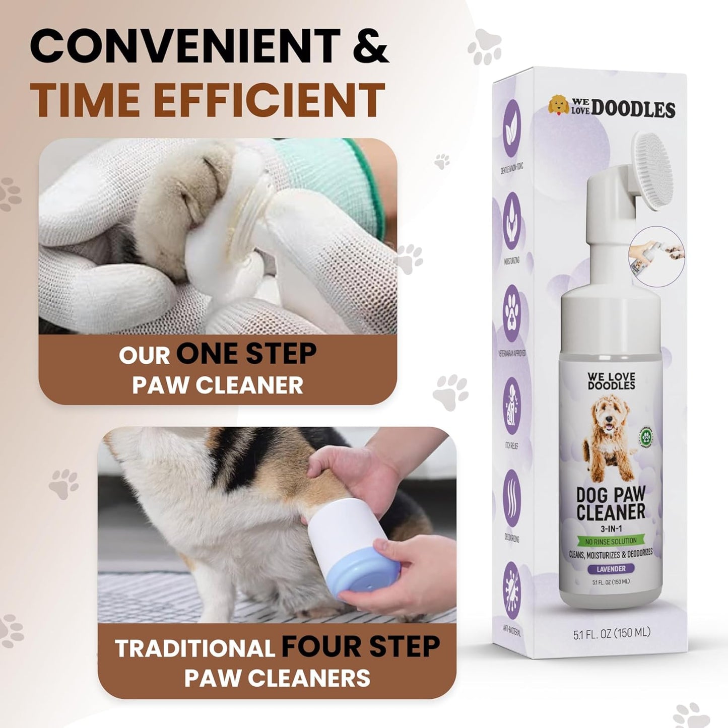 We Love Doodles No-Rinse Dog Paw Cleaner with Built-in Silicone Bristle Brush | 3-in-1 Dirty Paw Washer Foaming Foot Cleaner for Muddy Pet| Gentle Moisturizing Waterless Shampoo - Lavender | 5 fl oz