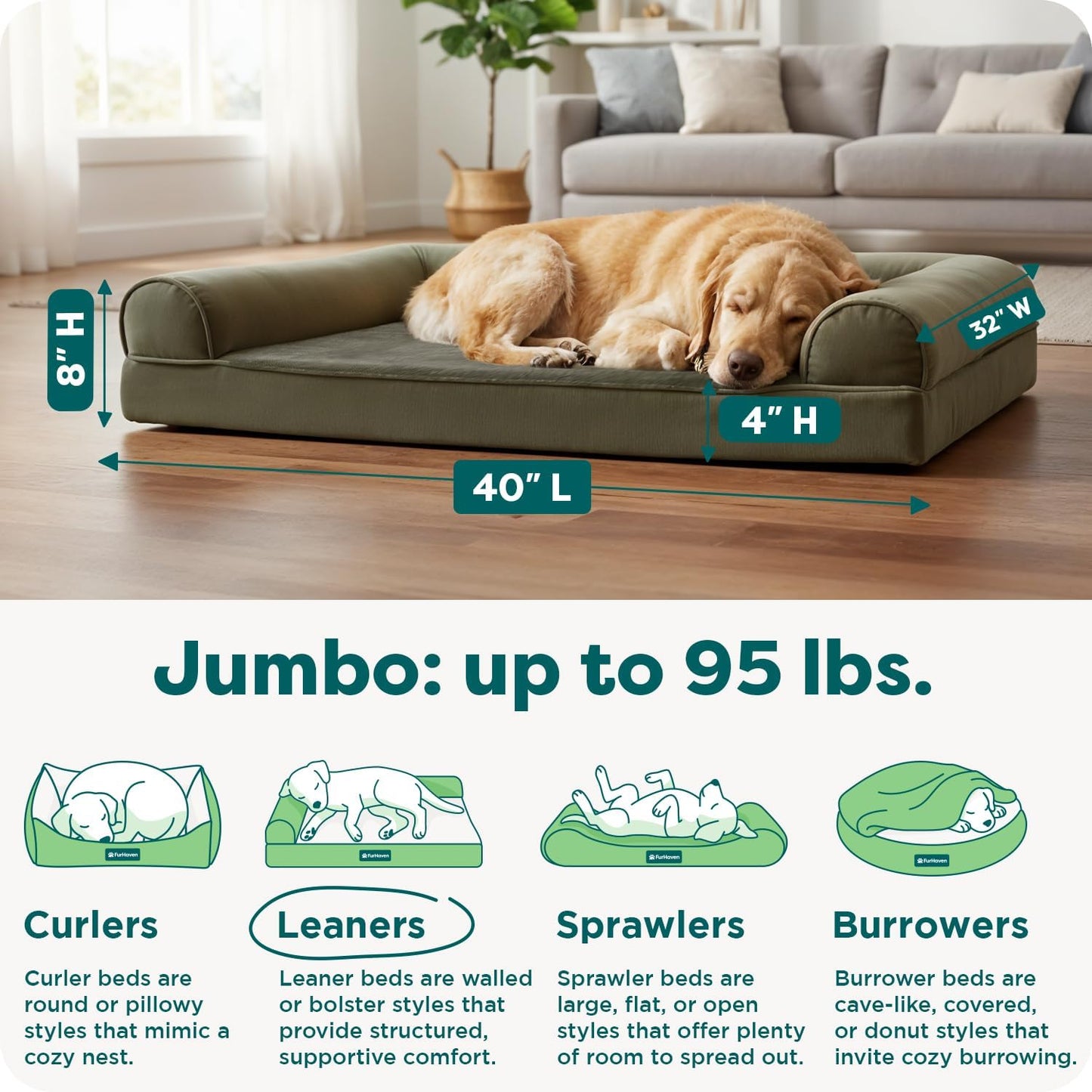 Furhaven Orthopedic Dog Bed for Large Dogs w/ Removable Bolsters & Washable Cover, For Dogs Up to 95 lbs - Faux Fur & Velvet Sofa - Dark Sage, Jumbo/XL
