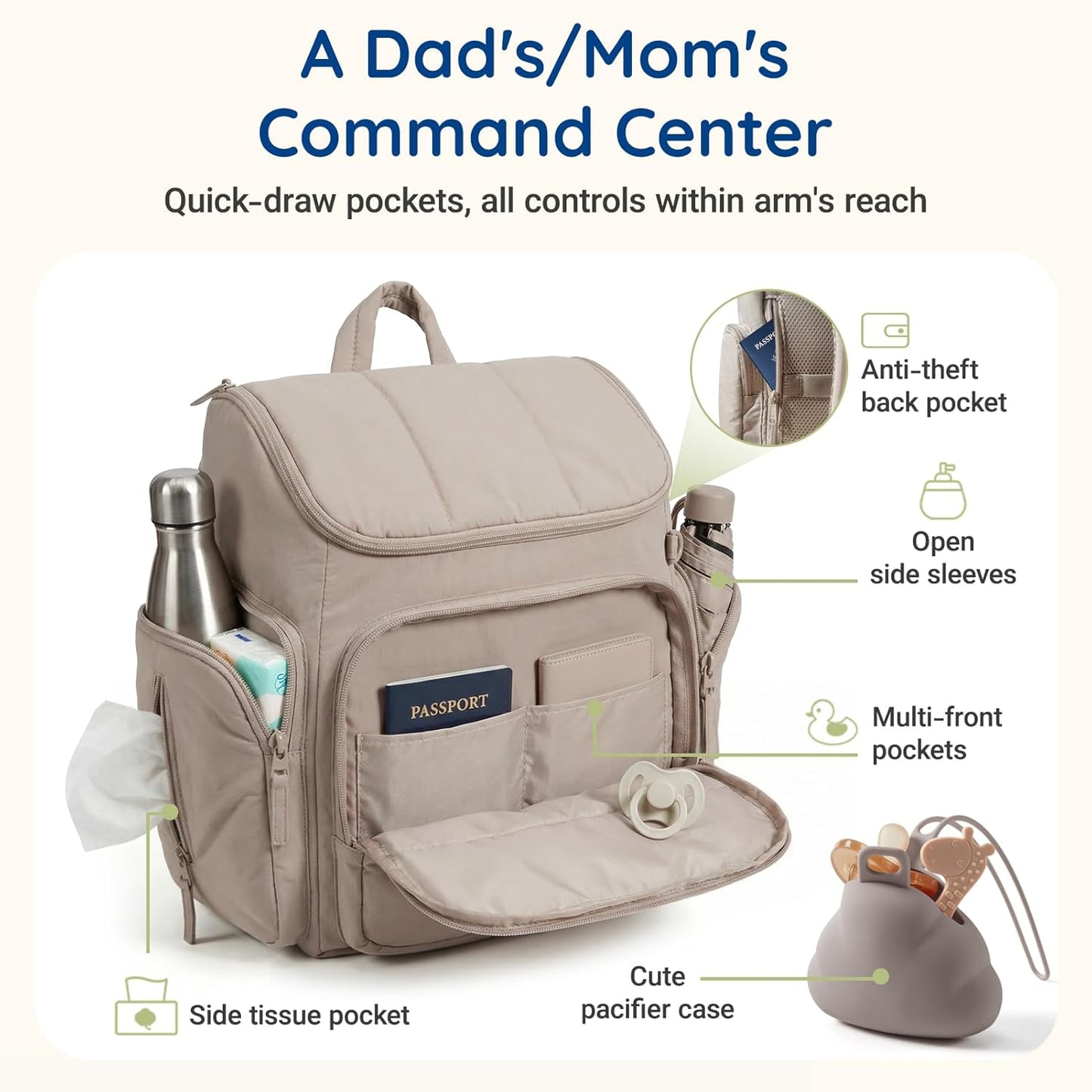 mommore Diaper Bag Backpack, Baby Bag with Waterproof Changing Pad and Stroller Straps for Toddler, Diaper Backpack for Mom Dads with Insulated Pockets & Pacifier Case, Baby Essential, Brown