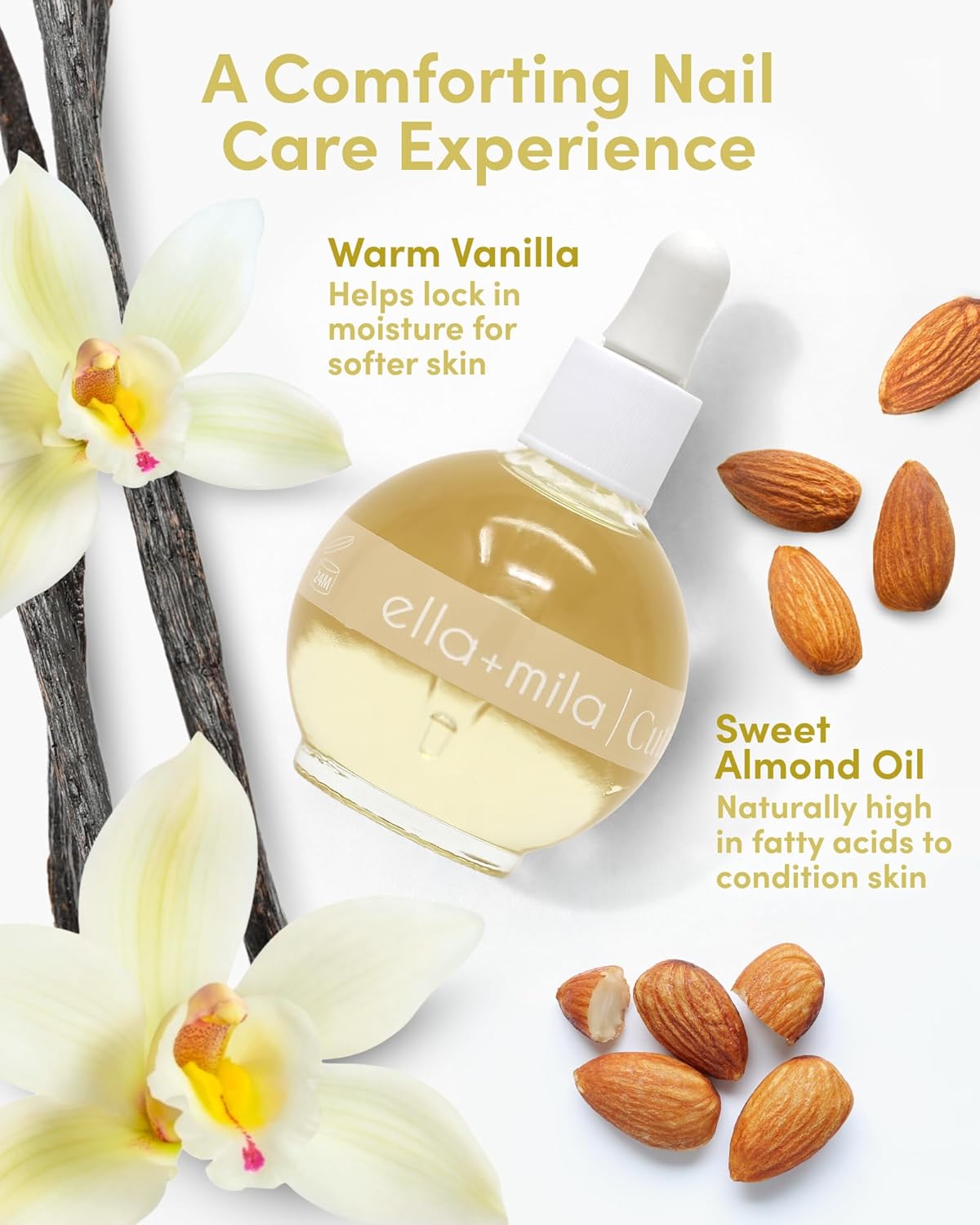 ella+mila Nourishing Cuticle Oil for Nails - Vanilla Dream - Nail Care Treatment for Softening Dry Cuticles - Vegan - 2.3 fl oz