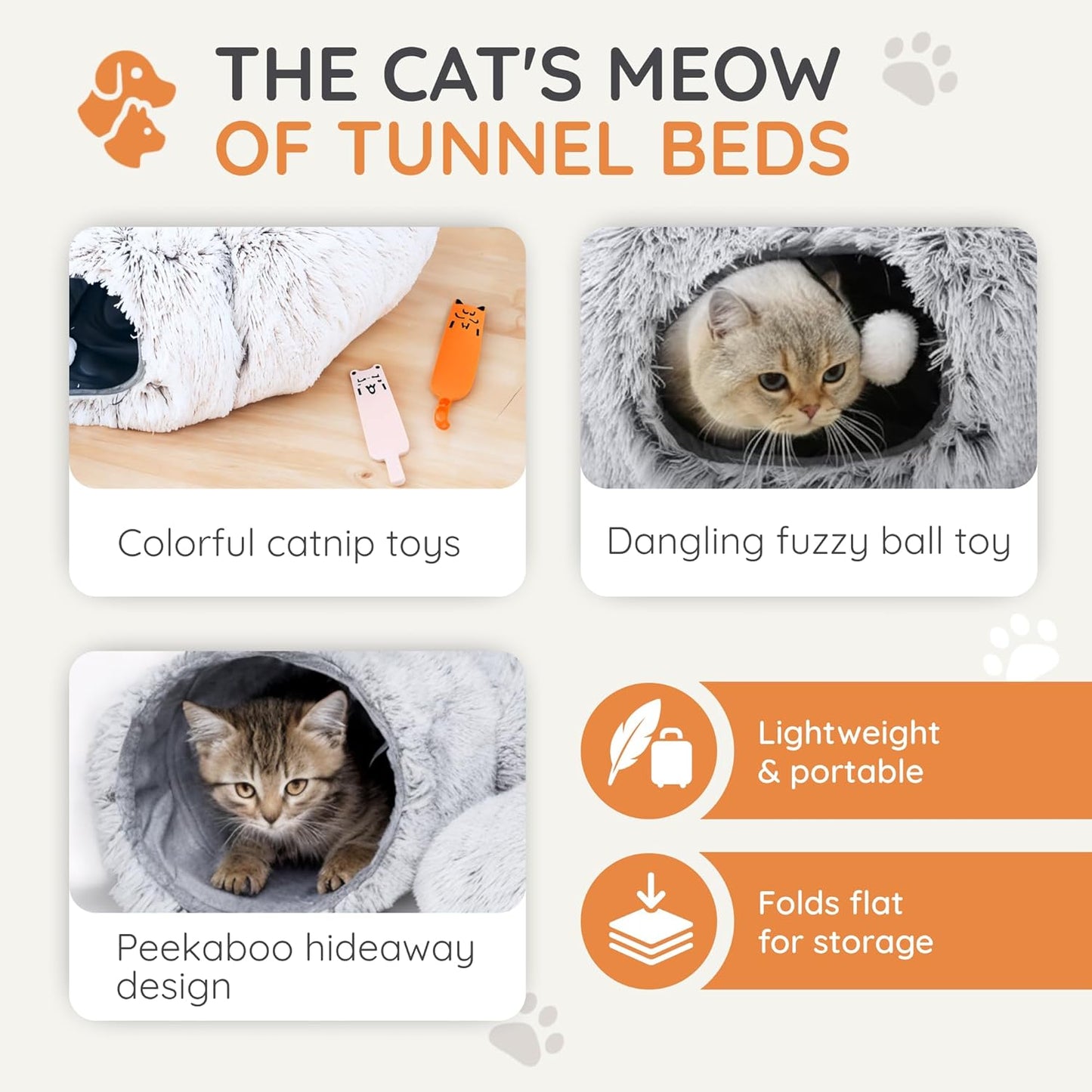 3-in-1 Cat Tunnel Bed Cave with Fun Catnip Interactive Stimulating Kitten Toys for Indoor Bored Cats - Peekaboo Hideaway & Donut Tunnel - Foldable Cute Furry Fuzzy Bed - 32"