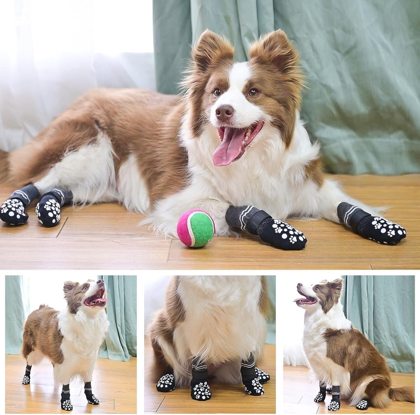 BINGPET 6PCS Dog Socks to Prevent Licking Paws with Grippers for Hardwood Floors Anti Slip, Winter Pet Shoes Booties, Extra-Thick Grip Dog Boots & Paw Protectors for Small Medium Large Senior Dogs, M
