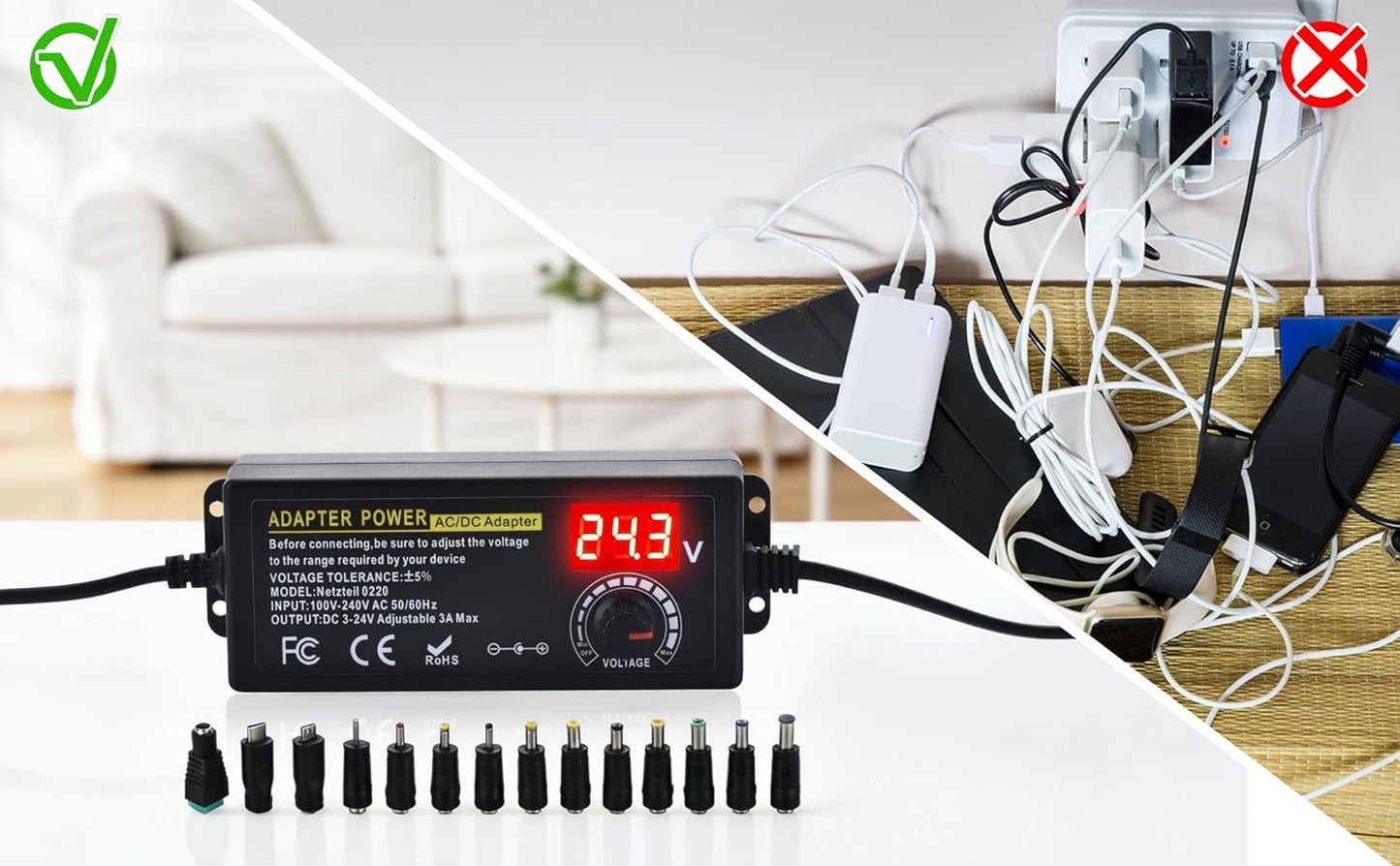 Universal Power Supply Adjustable 72w DC 3V ~ 24V Variable Switching 100V-240V AC/DC Adapter with Volt Display,14pcs Tips,4-Way Power Splitter Cable,Test Lead, Polarity Converter