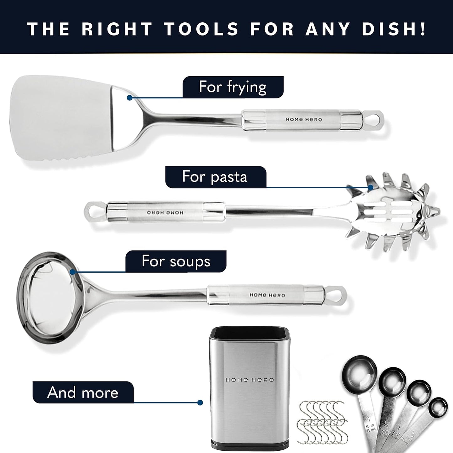 Home Hero 32-Piece Stainless Steel Kitchen Utensil Set - Heat-Resistant Nonstick Silicone Tools - Durable Stainless Steel Cooking Tools - Measuring Cups & Spoons with Holder - 32 Pc, Silver