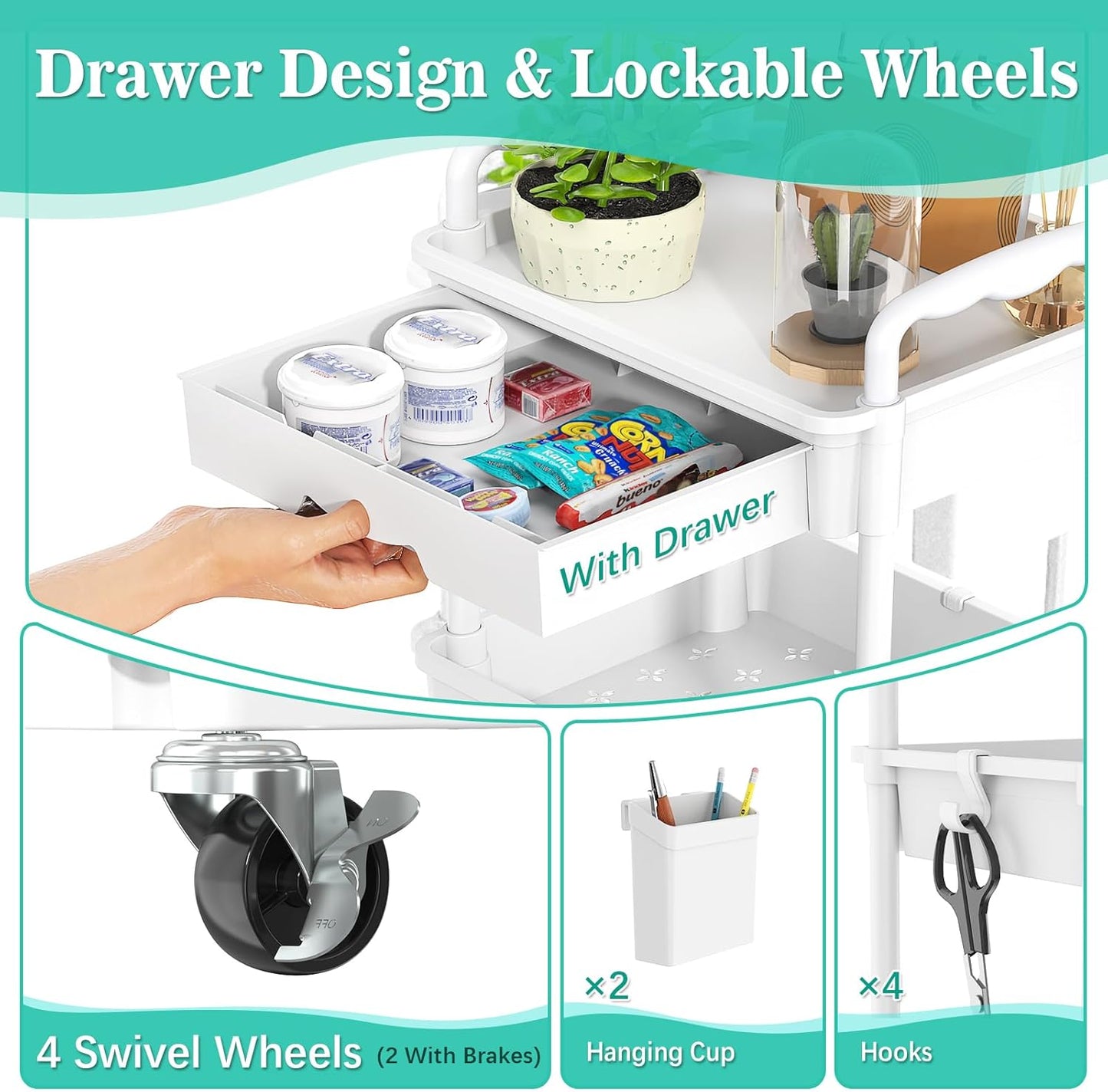 3 Tier Rolling Cart with Drawer, Bathroom Storage Organizer with 2 Lockable Wheels, Multifunctional Rolling Storage Cart for Bathroom, Kitchen, Office, Craft, Makeup, Baby Essentials, White
