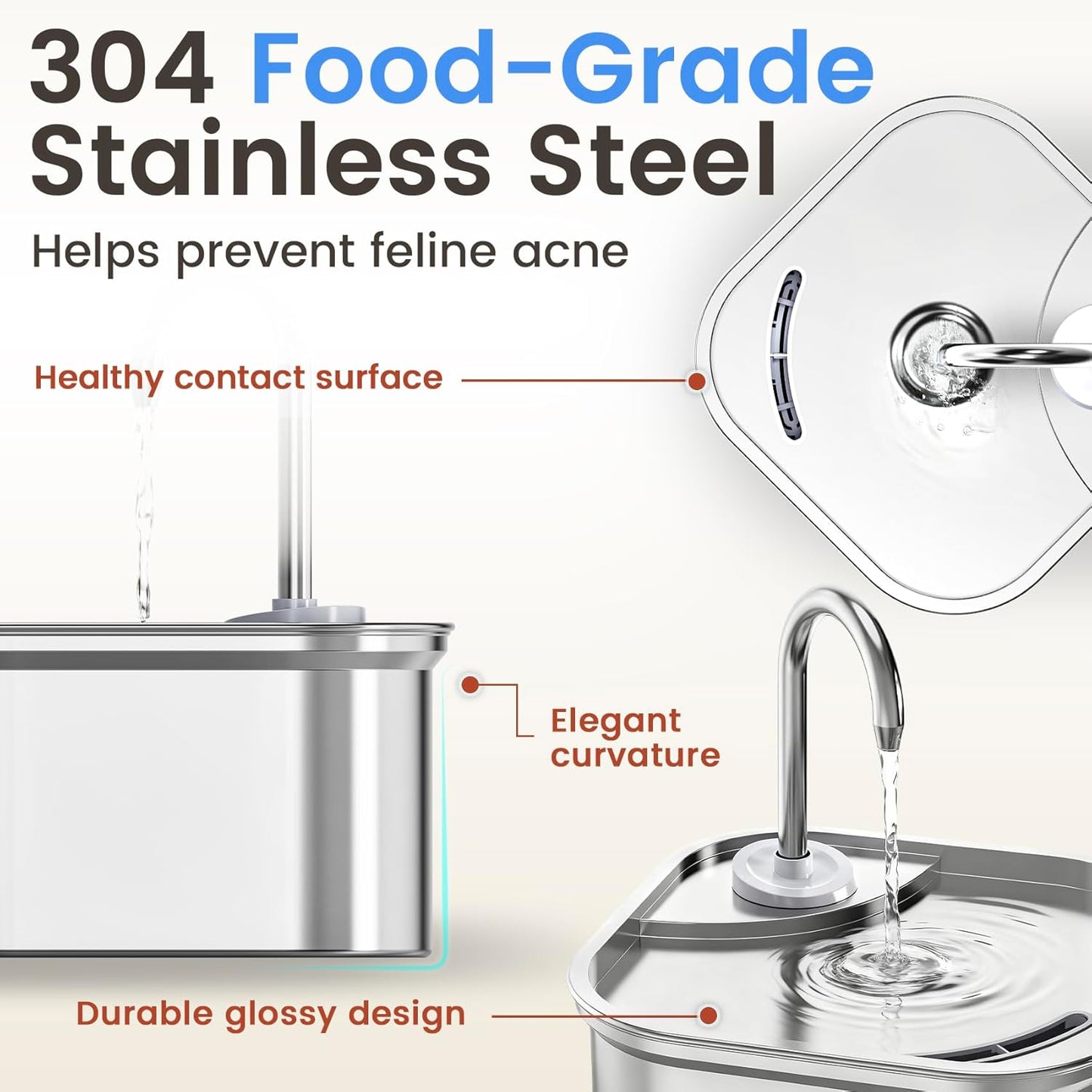 Cat Water Fountain Stainless Steel, 108oz/3.2L Quiet Automatic Cat Fountain for Drinking, Safe Auto Shut-Off, Large Square Pet Water Dispenser for Dogs Indoor with 1 Replacement Filter