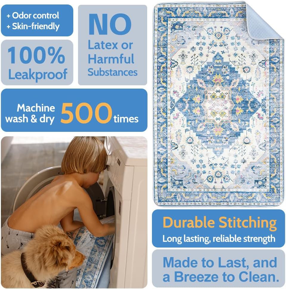 Blue Waterproof Washable Pee Pads for Dogs - Reusable, Super Absorbent, Non-Slip Potty Pads - 60"x48" - 2 Pack