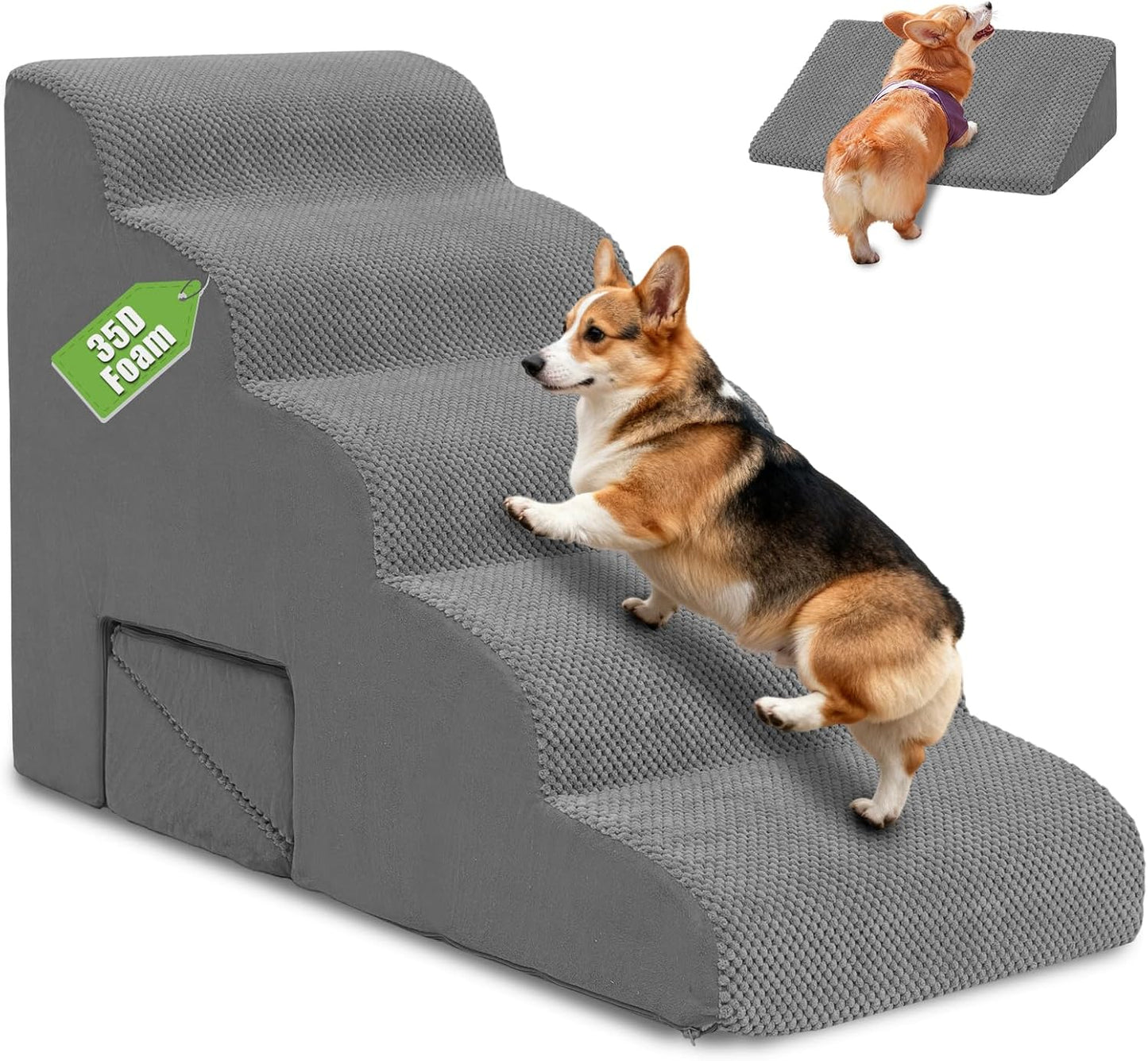 Dog Stairs for Small Dogs, 5 Tier Dog Steps for Bed and Couch, 23" H Non-Slip Balanced Pet Stairs with 2 Pet Ramps, Gray