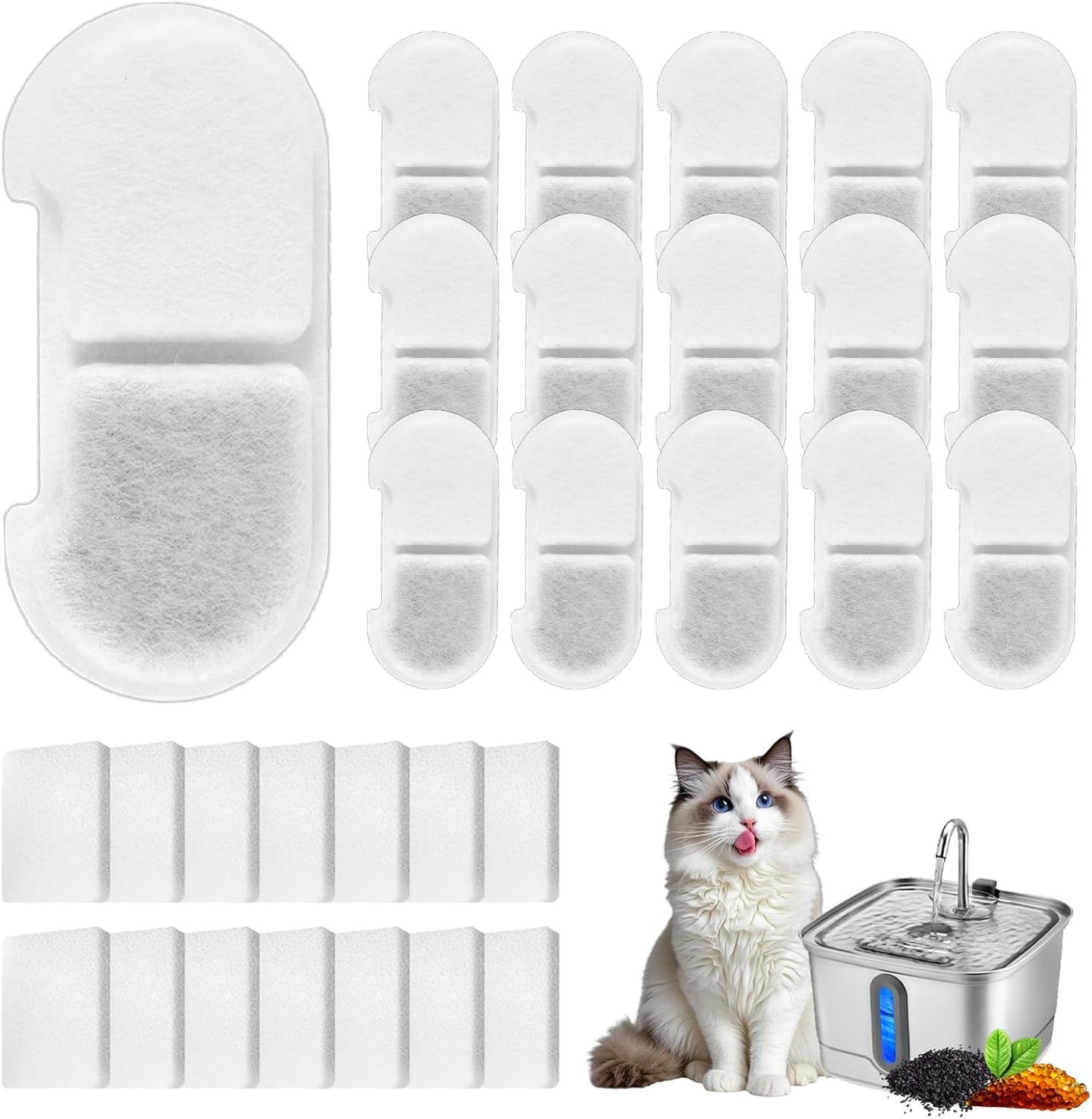 16+16 Pack Cat Water Fountain Filter Replacements Compatible with SEIRMEP 101oz/3L Stainless Steel Cat Water Fountain, Includes 16 Filters & 16 Pre-Filter Sponges