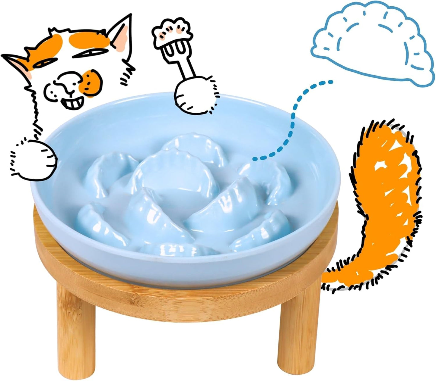 Slow Feeder Bowl, 6.3″ Elevated Cat Bowl with Stand, Melamine Wide Shallow Food Bowl, Whisker-Friendly Raised Plate, Wet Food Feeder for Slow Eating (Blue)