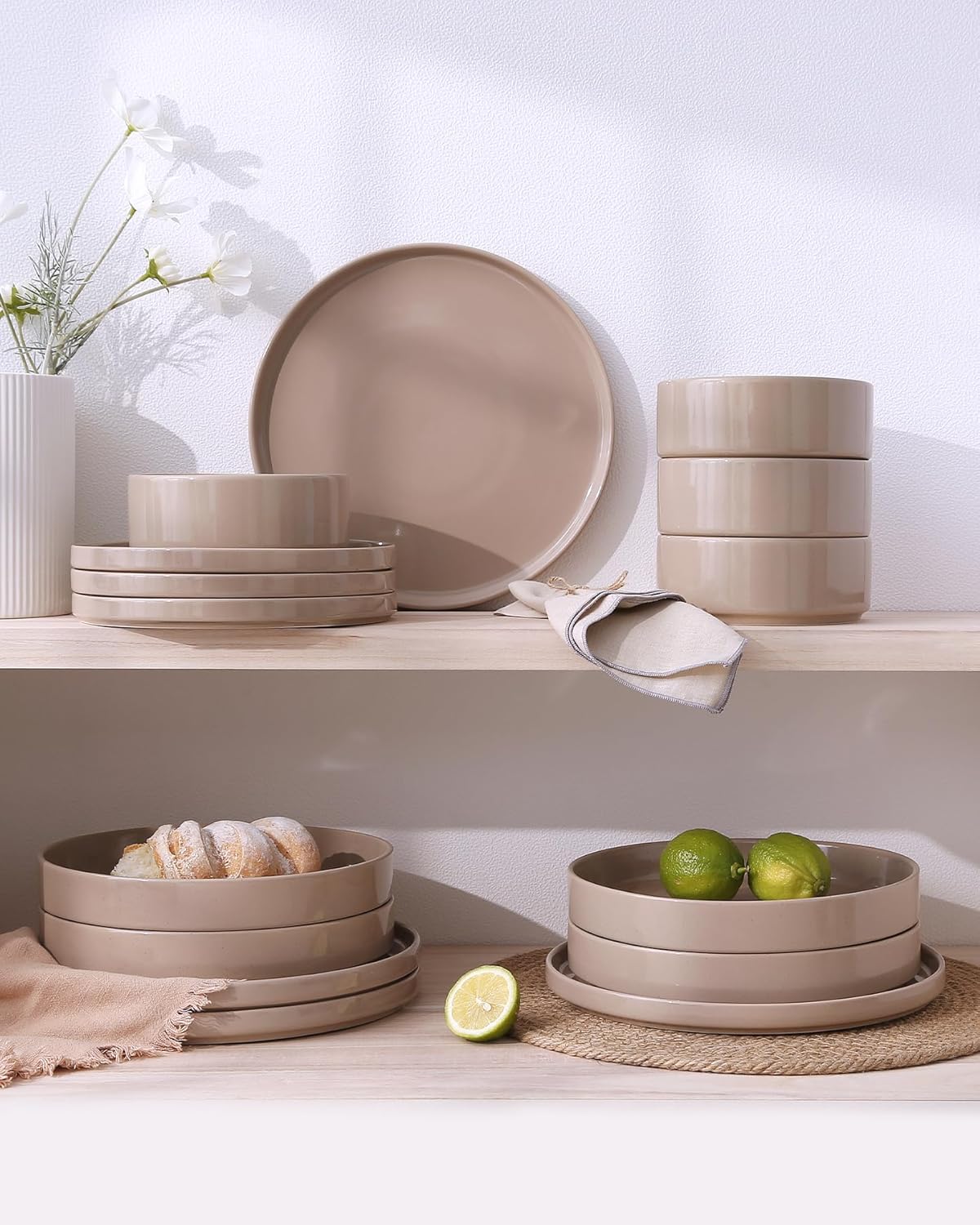 Famiware Nebula Plates and Bowls Set, 12 Pieces Dinnerware Sets, Dishes Set for 4, Cinnamon Brown