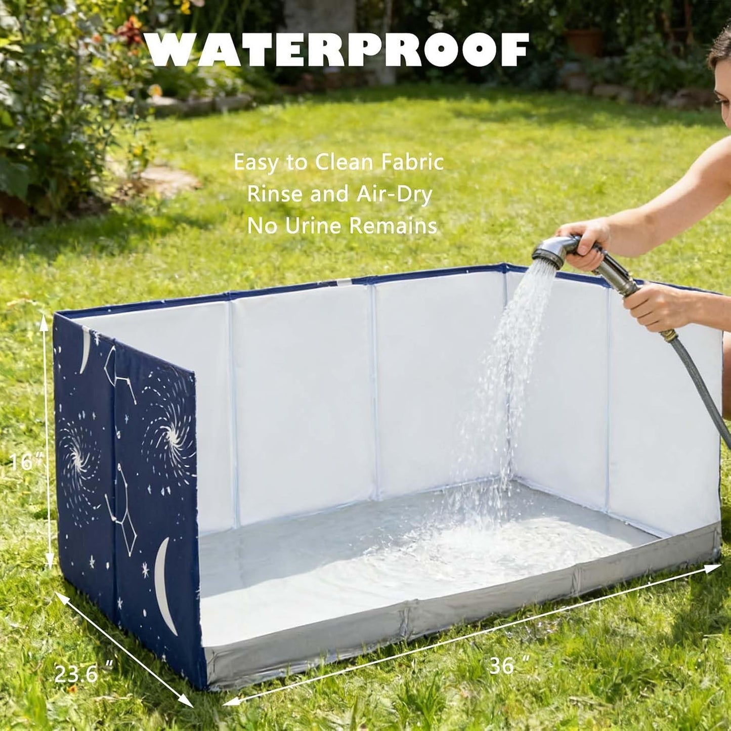 Dog Grass Pad with Tray,Foldable Dog Litter Box with High Walls,Odor Free Artificial Grass Pad for Dog Potty,No Assembly,No Spill, Waterproof, Easy to Clean (Blue star, M-36''Lx23.6''Wx16''H)