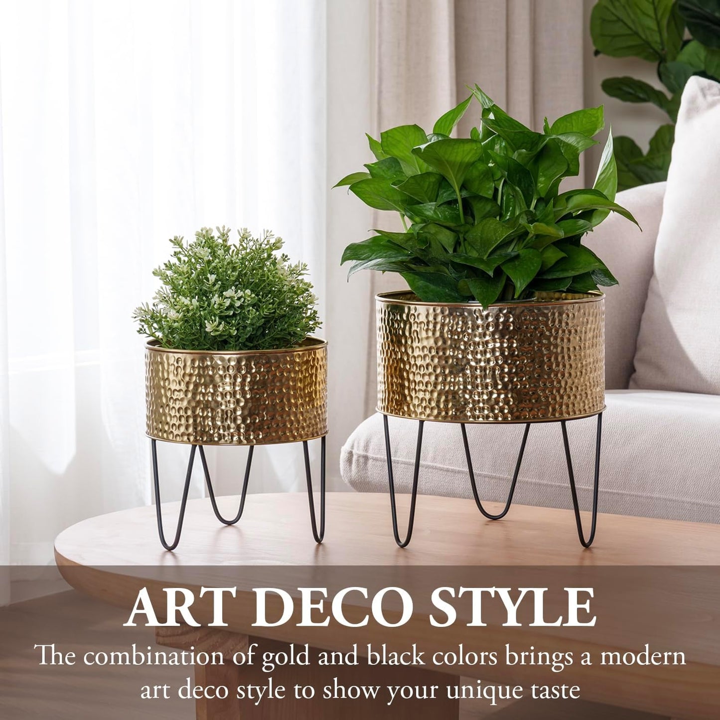 MyGift Modern Brass Tone Metal Planter Pots with Pebbled Texture, Hammered Plant Containers with Matte Black Wire Stands, 2 Piece Set, 8 and 10 Inch - Handcrafted in India