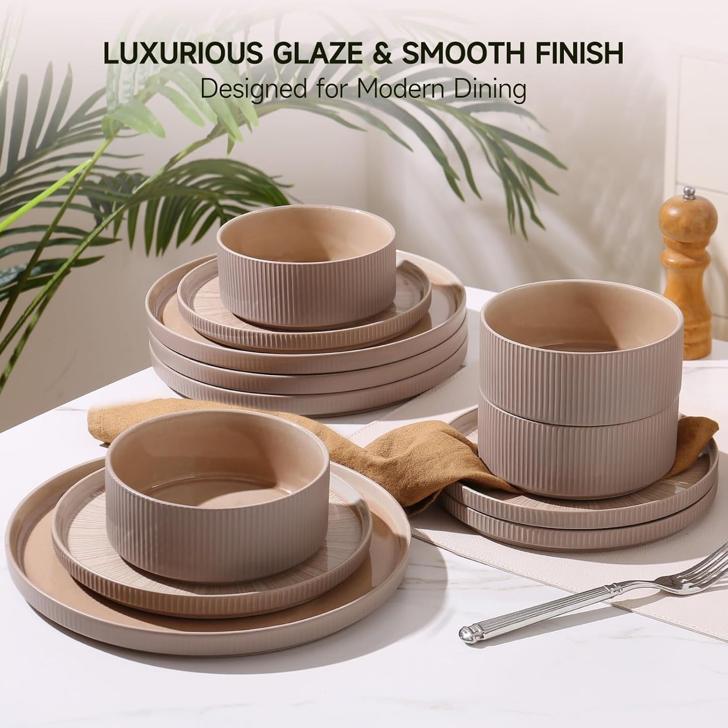 Dinnerware Sets for 4, Ceramic Plates and Bowls Set 12 Piece Dinnerware Chip Resistant Stoneware, Dishwasher and Microwave Safe-Brown