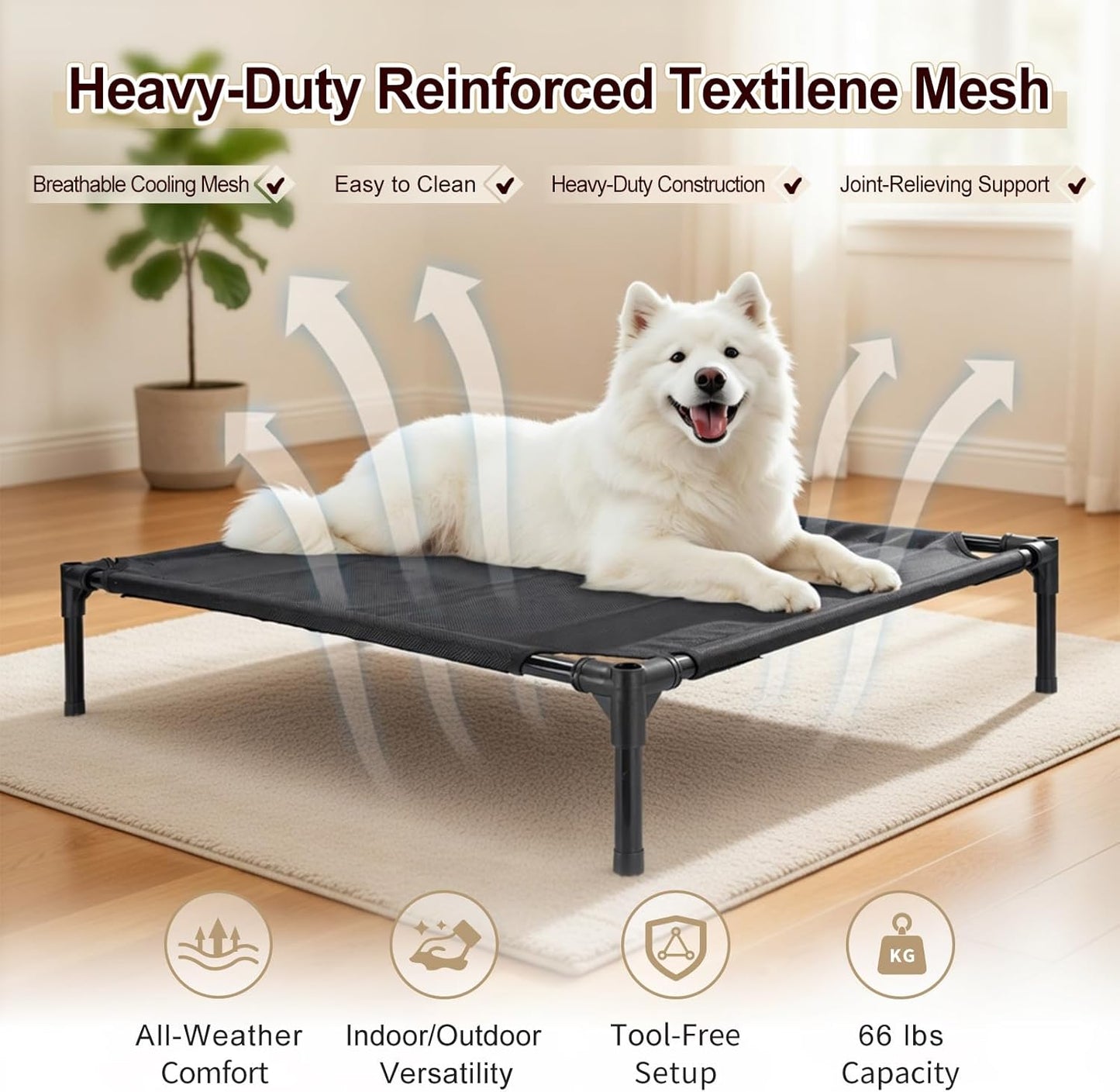 49" Large Elevated Dog House for Outdoor & Indoor Use, Weatherproof 600D PVC Fabric, Breathable Mesh Windows, Textilene Elevated Dog Bed, Easy Clean Dog Cot for Large Dogs