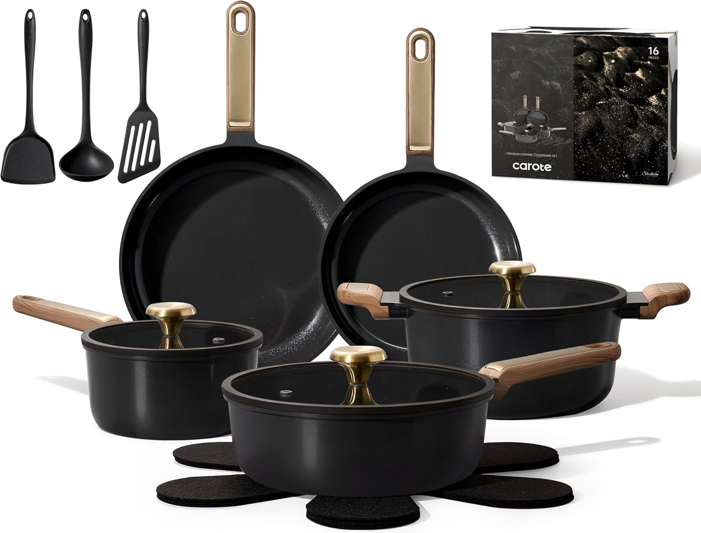 CAROTE Ceramic Cookware Set Nonstick, 16pcs Pots and Pans Set Nonstick, Non-Toxic & PFAS-Free, Dishwasher, RV/Camping Cookware Set, Cooking Pots with Lids, Charcoal Black