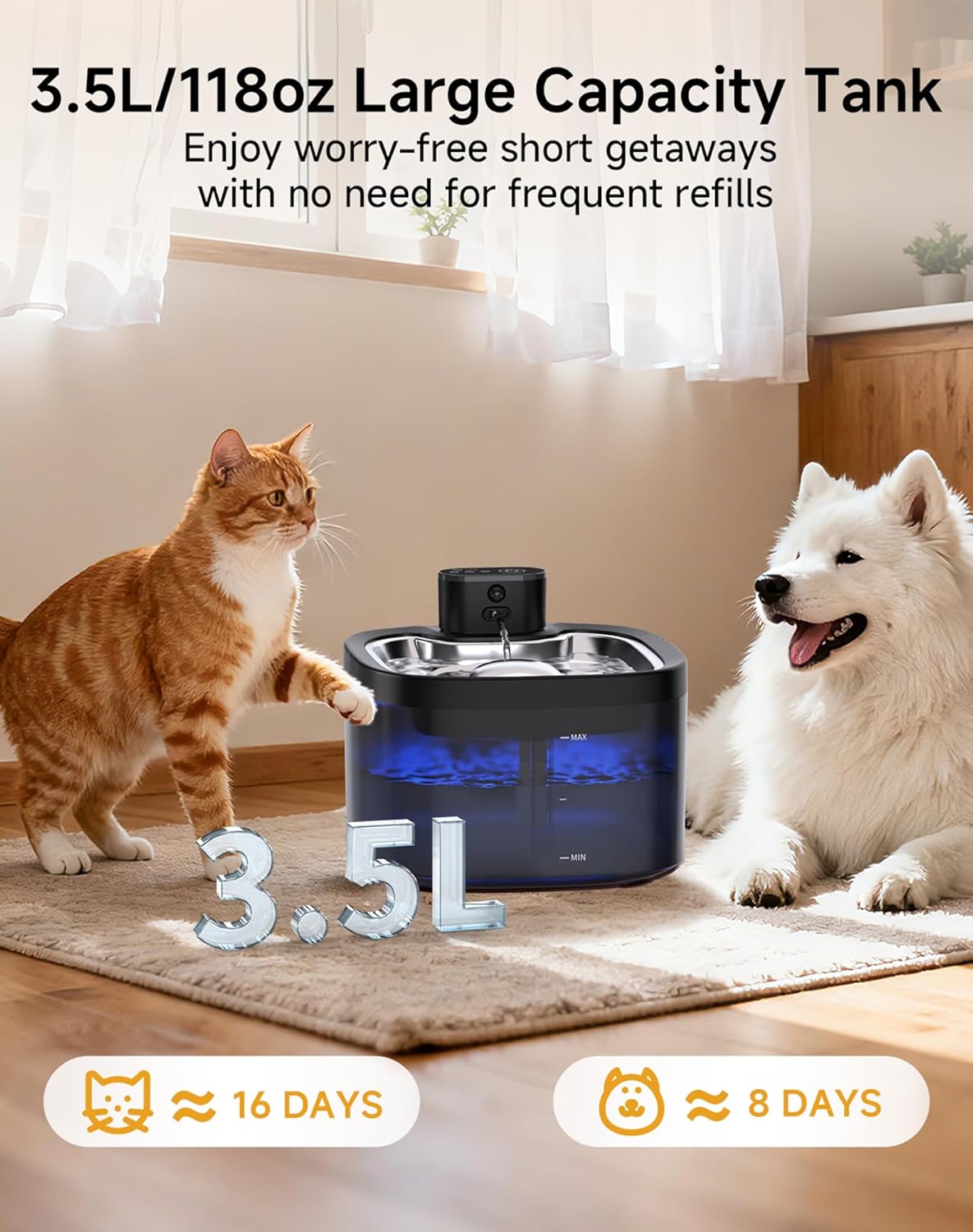 Cat Water Fountain Cordless: Battery Operated 118oz/3.5L Pet Water Fountain for Cats Indoor with Motion Sensor, Stainless Steel Tray, Ultra Quiet, Easy-to-Clean, Gifts for Cats, Dogs (8Filters)