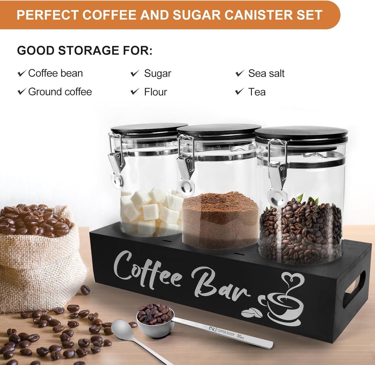 Glass Coffee Containers with Shelf Coffee Station Organizer 54oz Black Glass Coffees Bean Storage Canister with Spoon Coffee Canister Set Kitchen Food Storage Jars for Coffee/Sugar/Candy