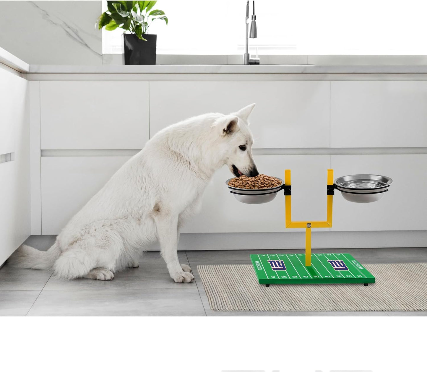 NFL New York Giants Goalpost Football Field Dog Feeder – Adjustable Elevated Dog Bowls with Stand, 2 Stainless Steel Bowls, Non-Slip Rubber Feet, Raised Pet Feeder for Large & Small Dogs, Cats.