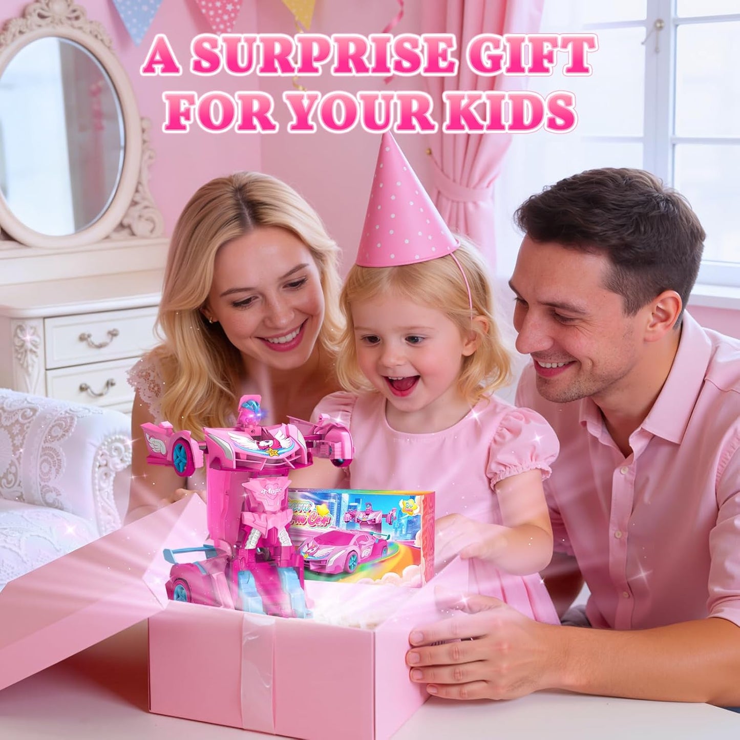 Unicorn Transform RC Cars for Girls Toys with Rainbow Eyes & Underbody Lights, Fast 360°Rotation & 2.4GHz Robot Remote Control Car One-Button Deformation,Easter Basket Stuffers for 3-12 Year Old Girls
