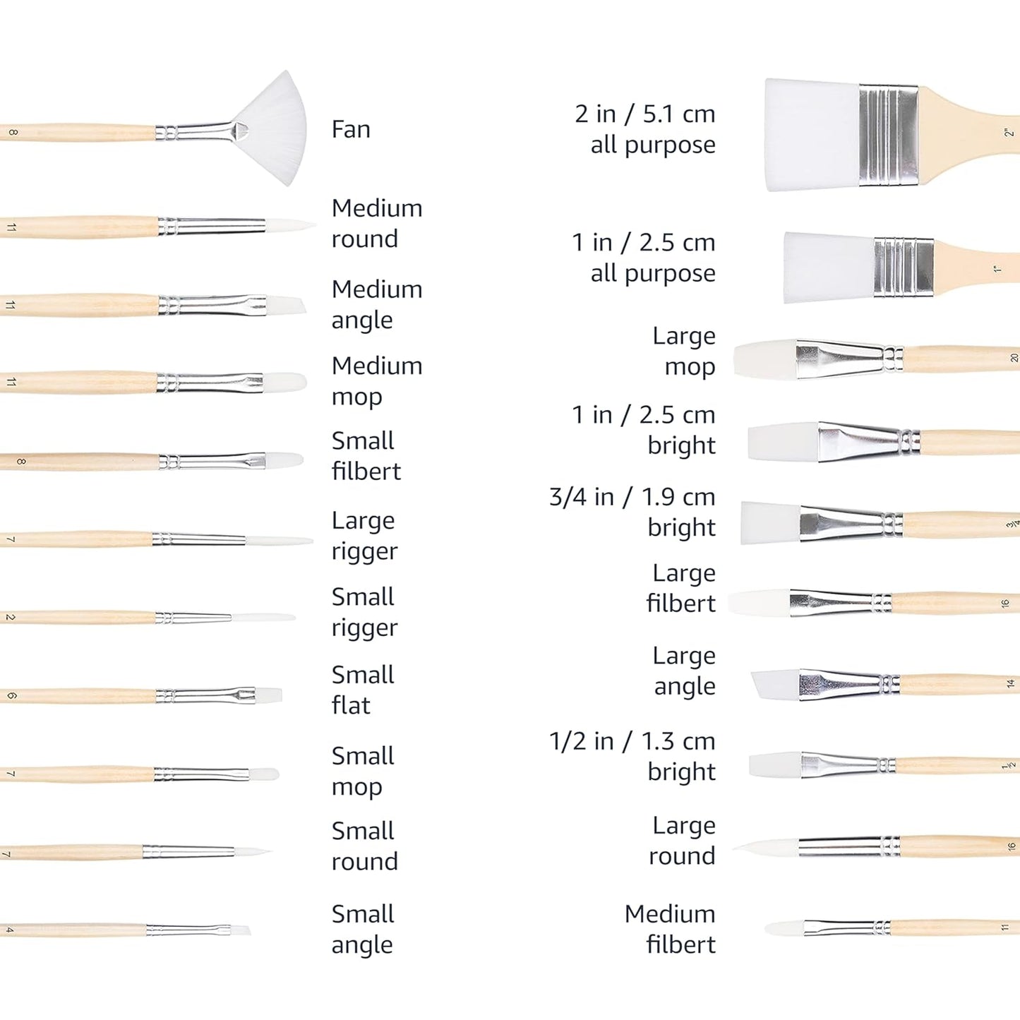Amazon Basics Multi-shaped Polyester Paint Brushes for Acrylic, Oil, Watercolor, Gouache, Fine Detailing, Face Painting, 24 Count Different Sizes, Wood Color
