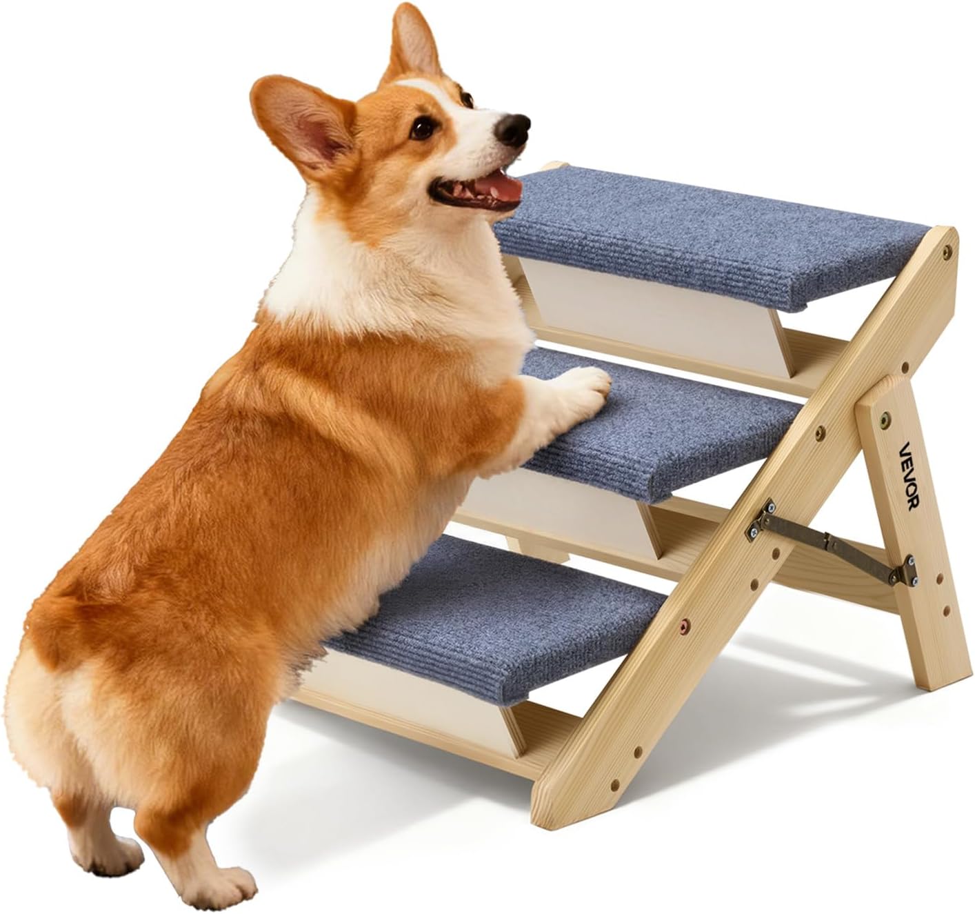 VEVOR Wood Pet Stairs, 3-Step Dog Stairs for Beds, Sofa & Cars, 150lbs Load Capacity, Floded Flat Design, Stable & Sturdy Cat & Dog Step Ladder for Small Medium Large Older Pet Puppy Essentials
