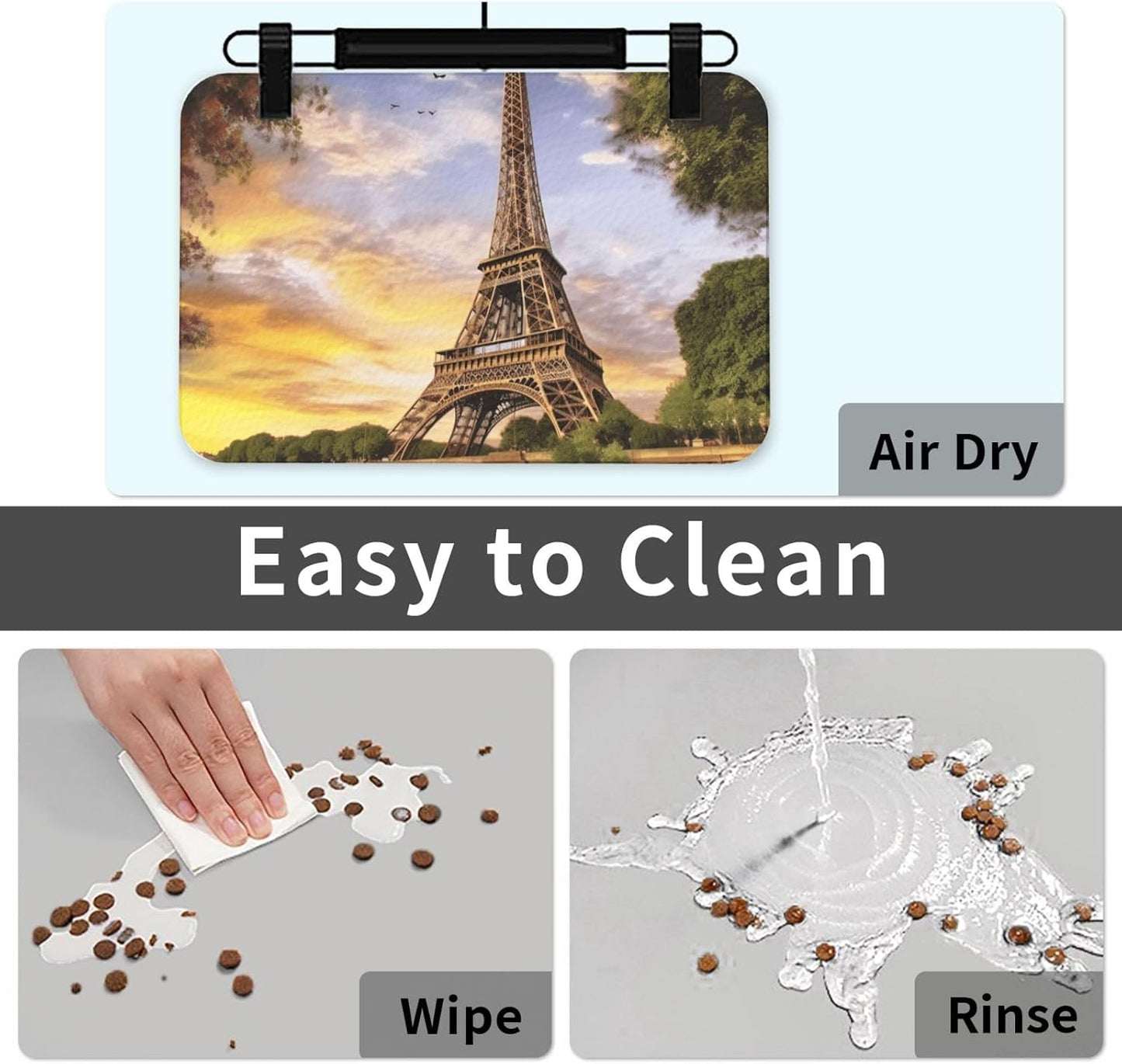 Eiffel Tower Paris Pet Feeding Mat 40x60cm Absorbent Leather Dog Cat Food Mats Non-Slip Dog Bowl Mats for Food and Water, Quick Dry Pets Placemats for Cats and Dogs Water Bowl