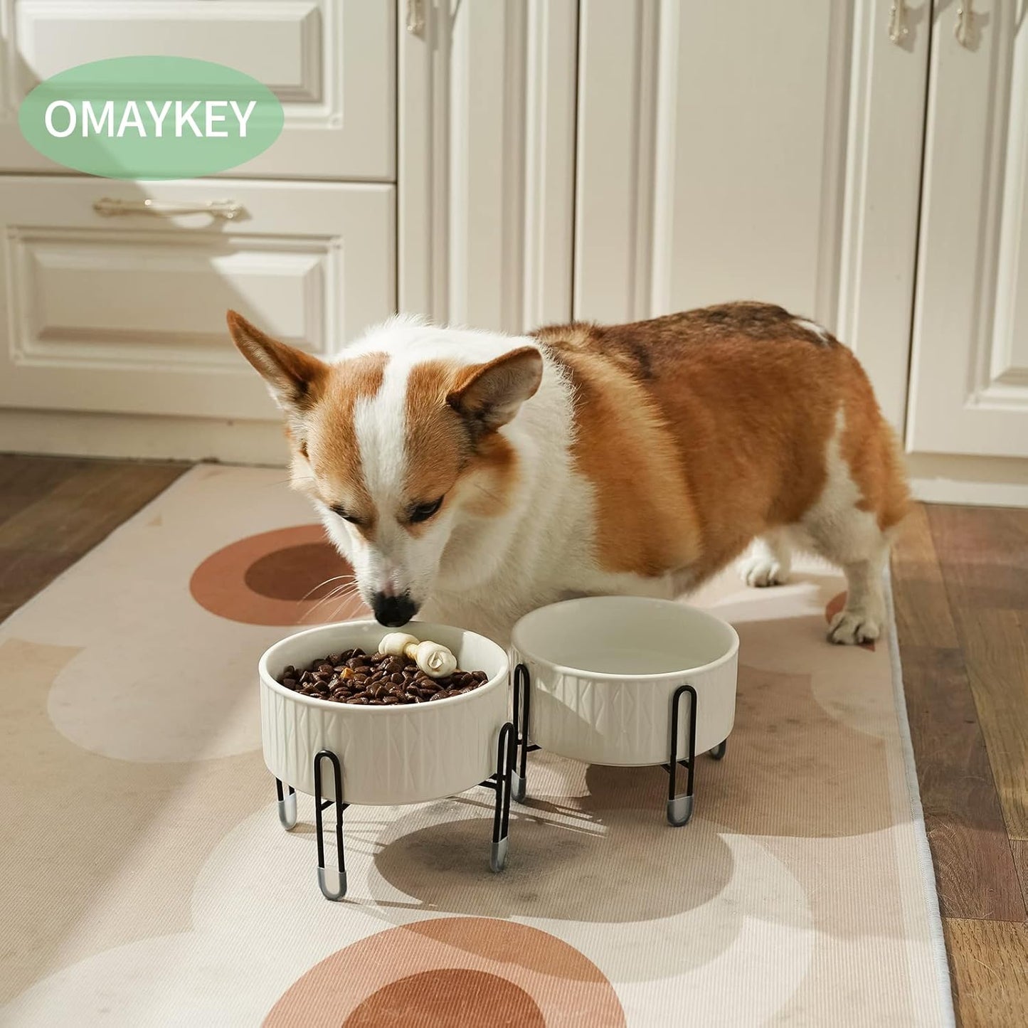 OMAYKEY 32 oz Ceramic Dog Cat Bowls with Elevated Metal Stand, 6.5 Inch Ceramic Round Pet Food and Water Feeder Bowl Dish for Cats & Dogs, White, Set of 2