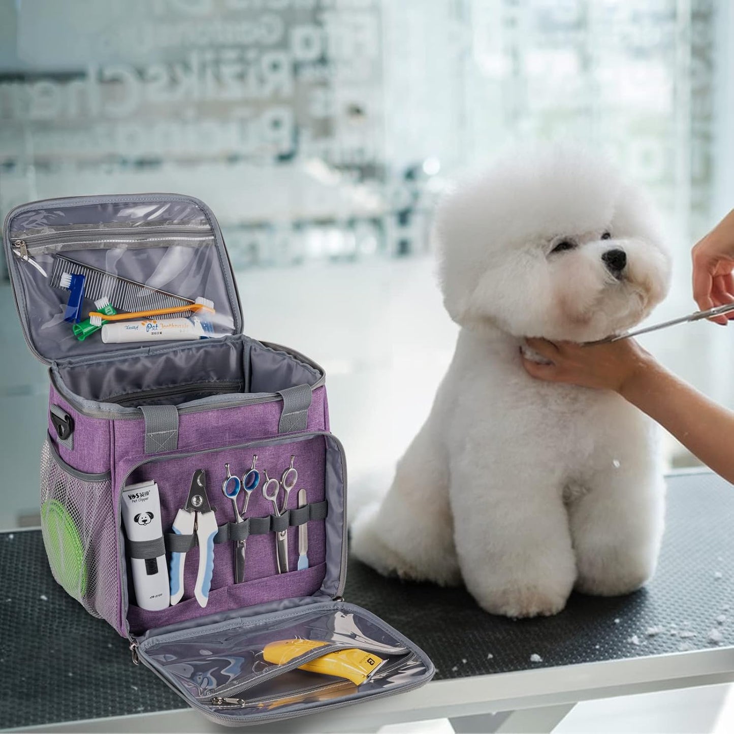 Pet Grooming Bag, Dog Grooming Supplies Organizer Tote Bag, Perfect for Pet Grooming Tool Kit Accessories-Purple