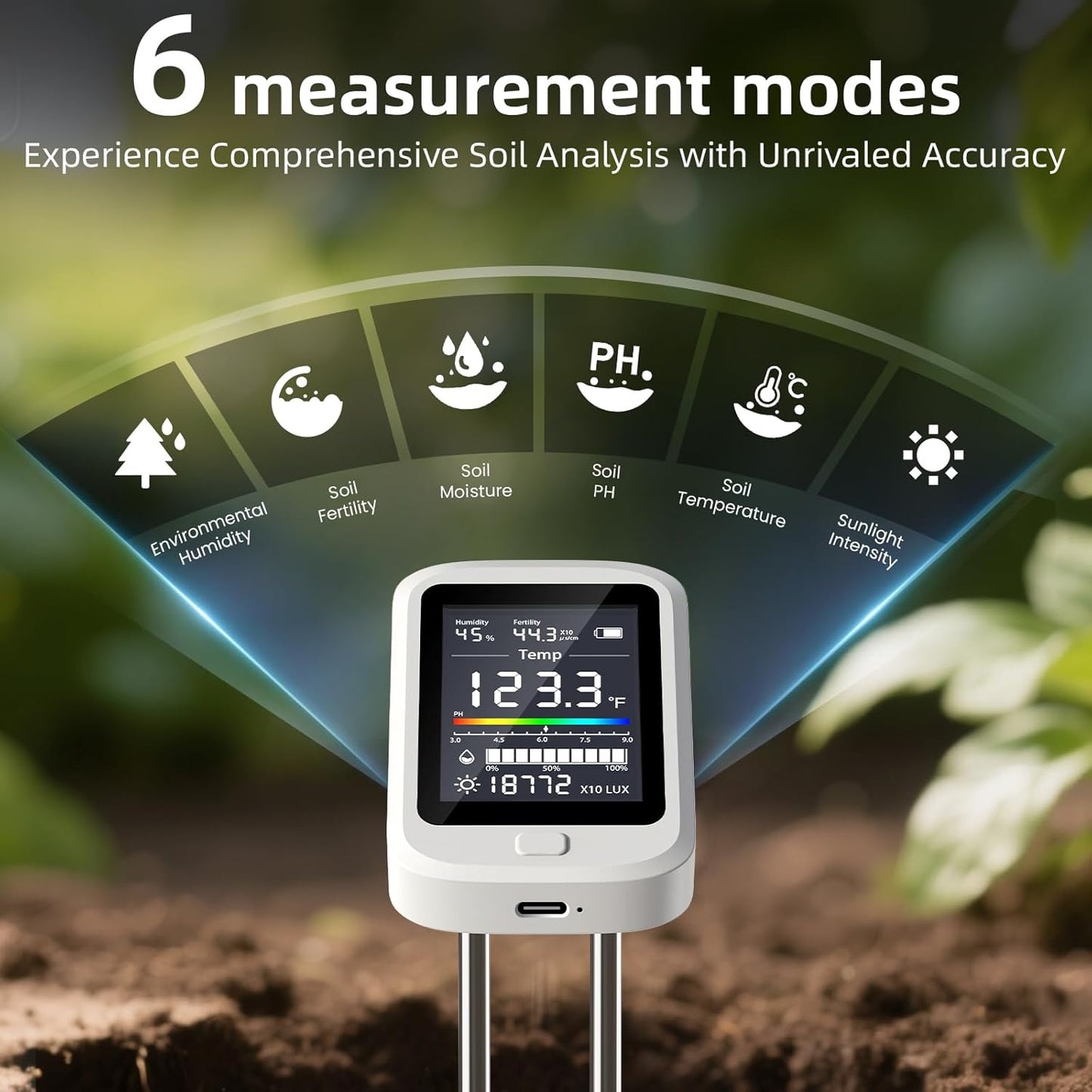 2026 Soil Moisture Meter, 6-in-1 Digital Soil Tester for pH,Nutrient,Sunlight,Temperature & Humidity| Factory-Permanent Calibration| Ideal for Gardening,Lawn,Farm Plant Care