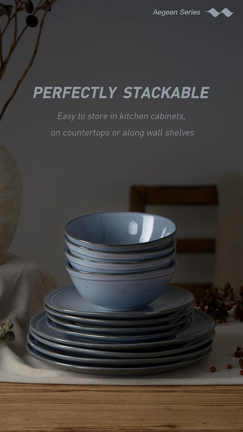 Famiware Aegean Stoneware Dinnerware Set for 8, Plates and Bowls Sets, 24 Pieces Scratch Resistant Dinner Set, Handmade Irregular Round Dishes - Microwave and Dishwasher Safe, Blue Grey