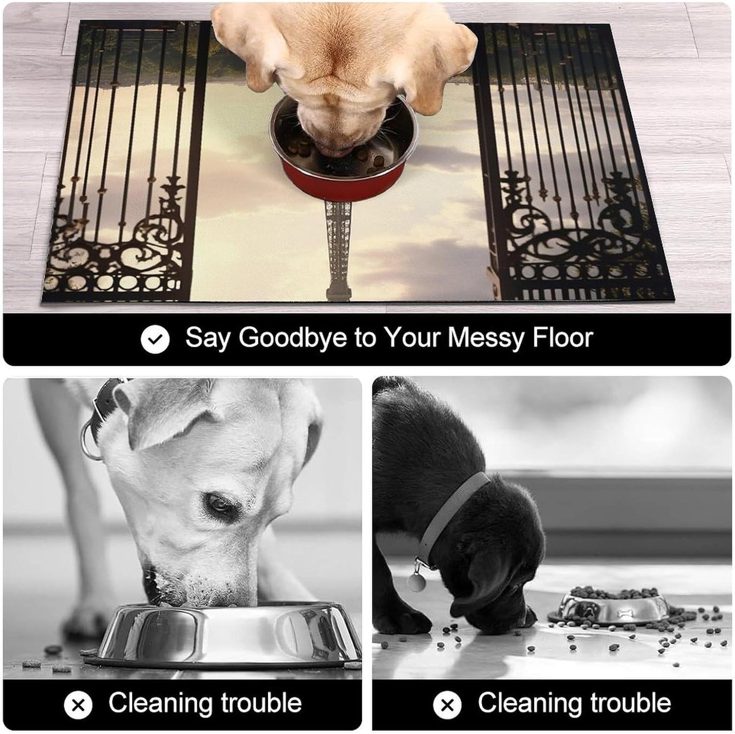 Dog Food Mat Pet Leather Tablecloth Paris Eiffel Tower Pet Feeding Mat Anti-Slip Dog Bowl Mats Absorbent Pet Placemats for Dogs Protect Floor Dogs Pad for Food and Water