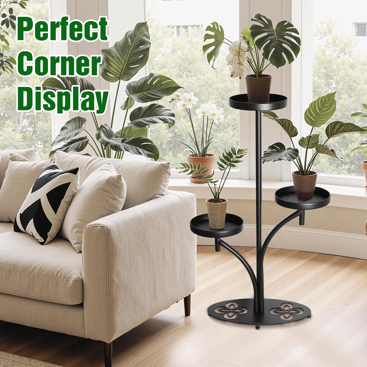 Indoor 3 Tier Black Plant Stand, Tall Metal Plant Stand, Heavy-duty Base in the Shape of a Four-leaf Clover, Layered Modern Flower Pot Rack, Suitable for Courtyards, Patios, Living Rooms, Bedrooms