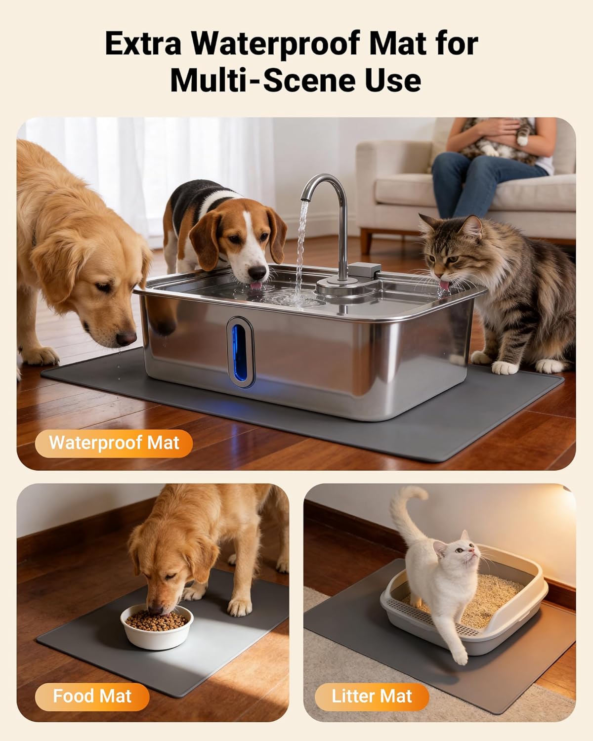 Automatic Water Dispenser for Dogs and Cats, 12L/3.17Gal Large Capacity, Includes Pet Feeding Mat & 3 Filters, Stainless Steel Dog Water Fountain with Visible Window and Alert Light