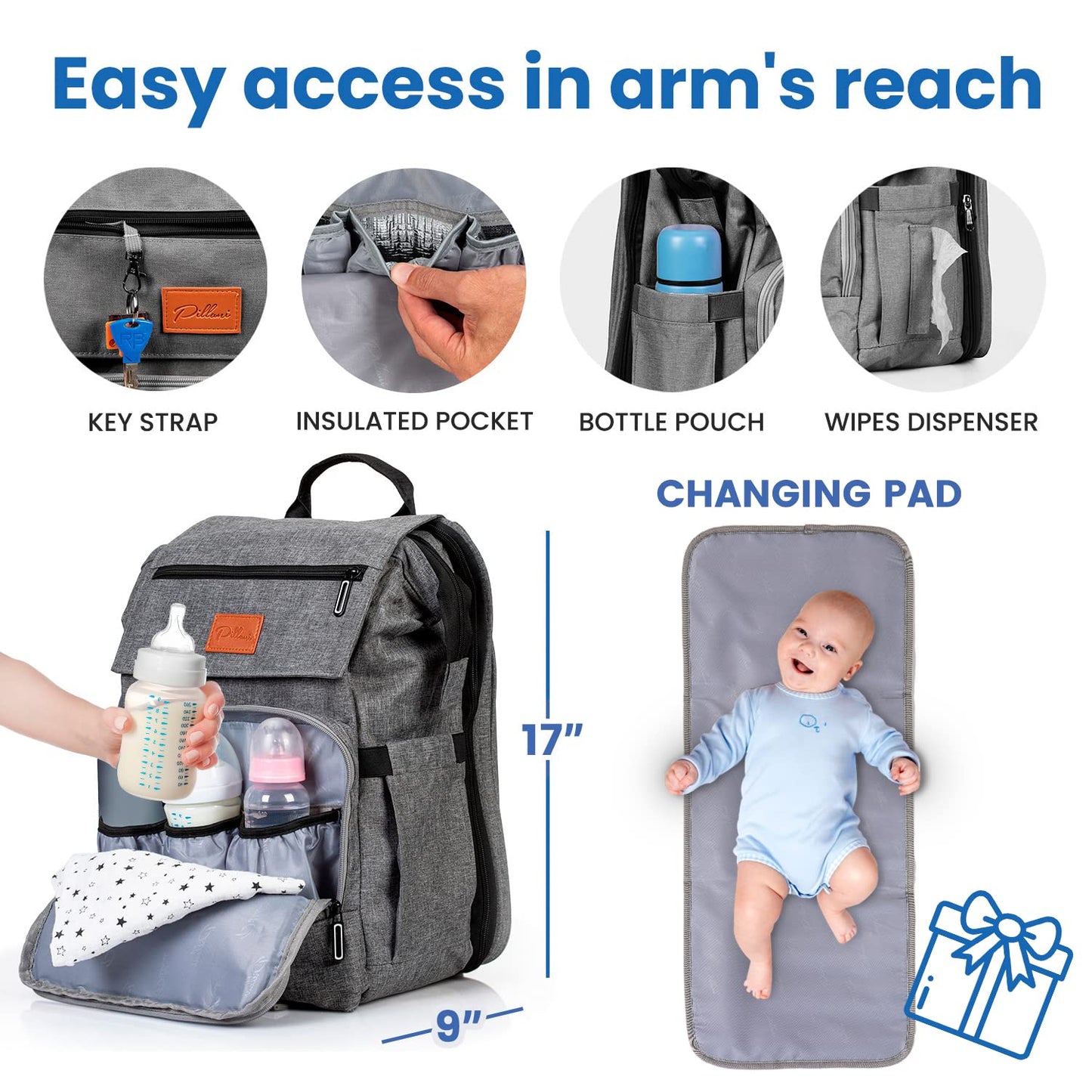 PILLANI Baby Diaper Bag Backpack - Baby Bags for Girls & Boys, Large Waterproof Diaper Backpack - Baby Shower Gifts & Registry Must Haves - Travel Diaper Bags with Changing Pad - Stuff for Newborn