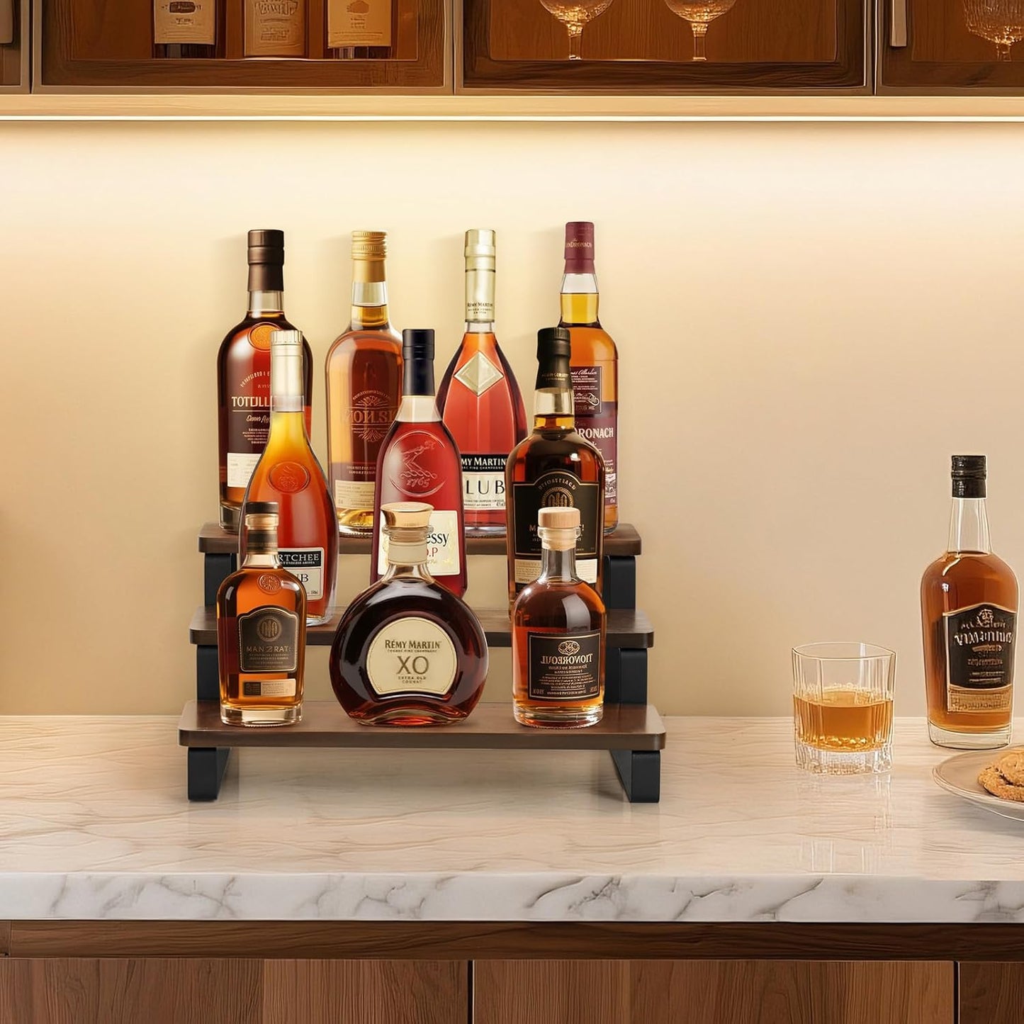 Mkono Small Liquor Bottle Display Shelf 3 Tier Coffee Bar Accessories Rustic Syrup Stand Wine Racks Countertop for Whiskey Tabletop Kitchen,13 Inch