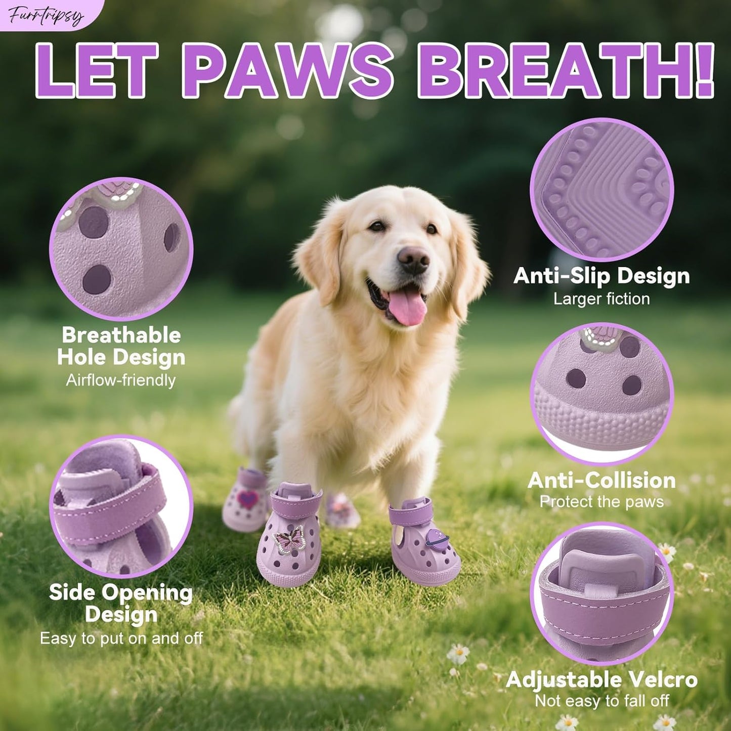 Dog Shoes,Non-Slip Waterproof Sandals for Hot Pavement, Breathable Perforated Boots,Adjustable Straps Dog Rain Booties for Summer Beach and Rainy Day(Purple,#6)