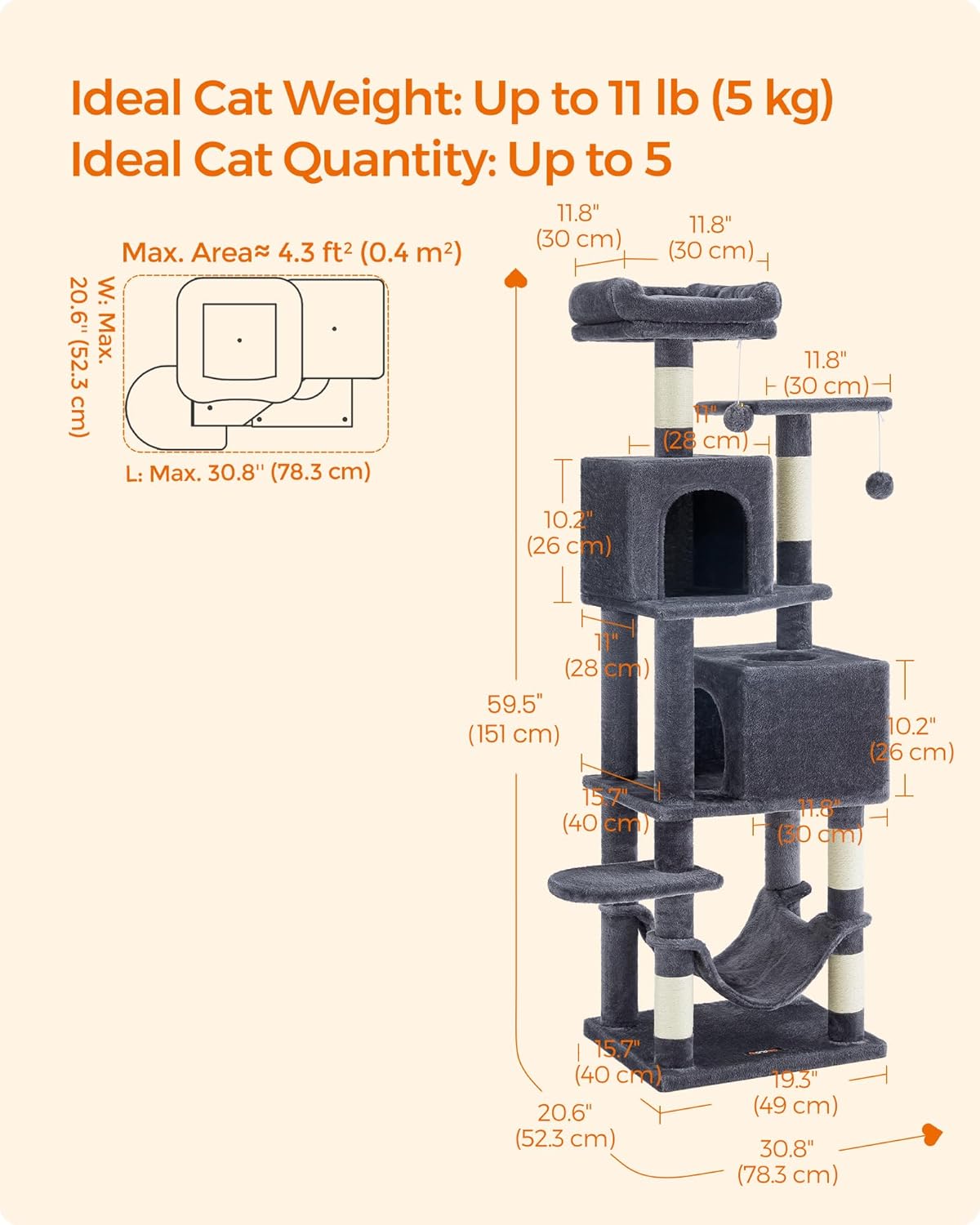 Feandrea Cat Tree, 59.5-Inch Tall Cat Tower, Plush Multi-Level Condo with 5 Scratching Posts, 2 Perches, 2 Caves, Hammock, 2 Pompoms, Smoky Gray UPCT192G01