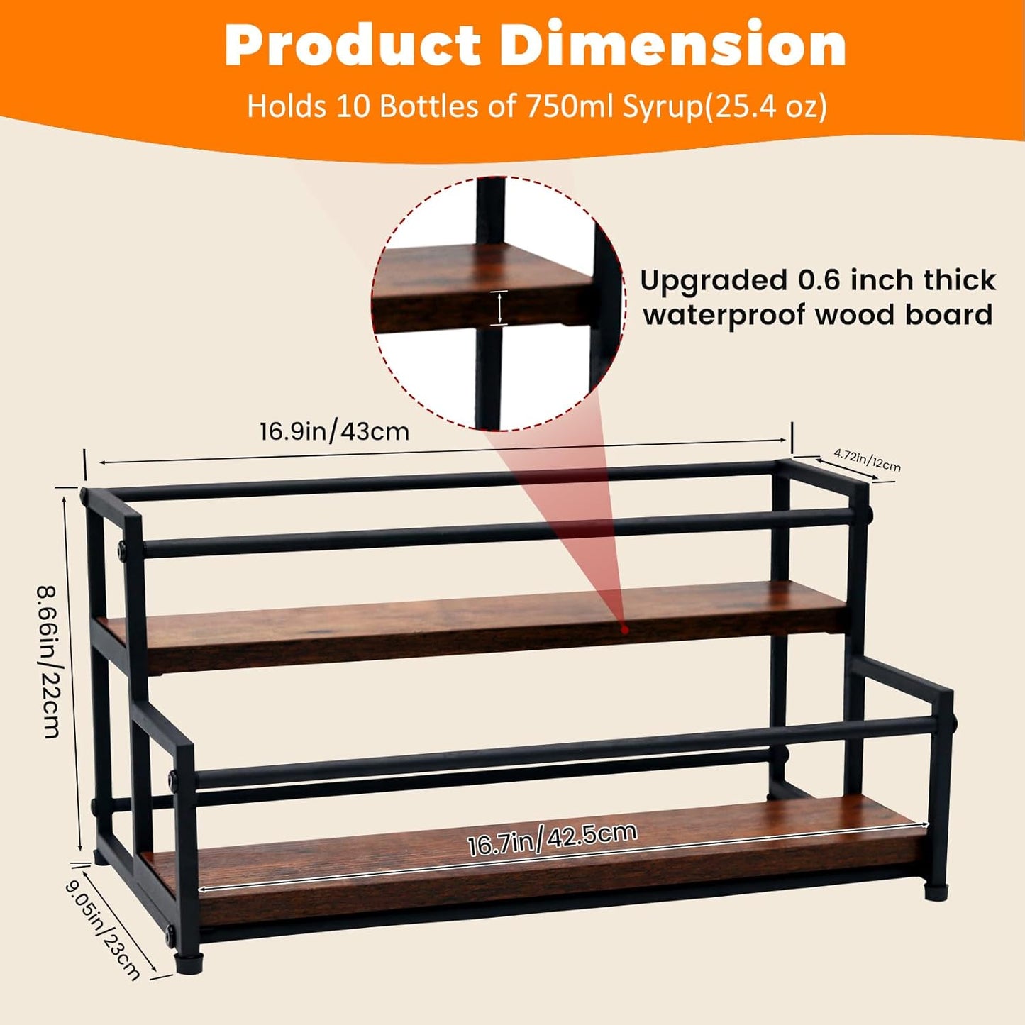 Coffee Syrup Rack Organizer - 2-Tier 10 Syrup Bottles Holder for Coffee Bar, Liquor Bottle Display Shelf - Rustic Kitchen Cabinet for Spices, Jars - Stepped Pantry Shelf for Wine, Tea & Bottles