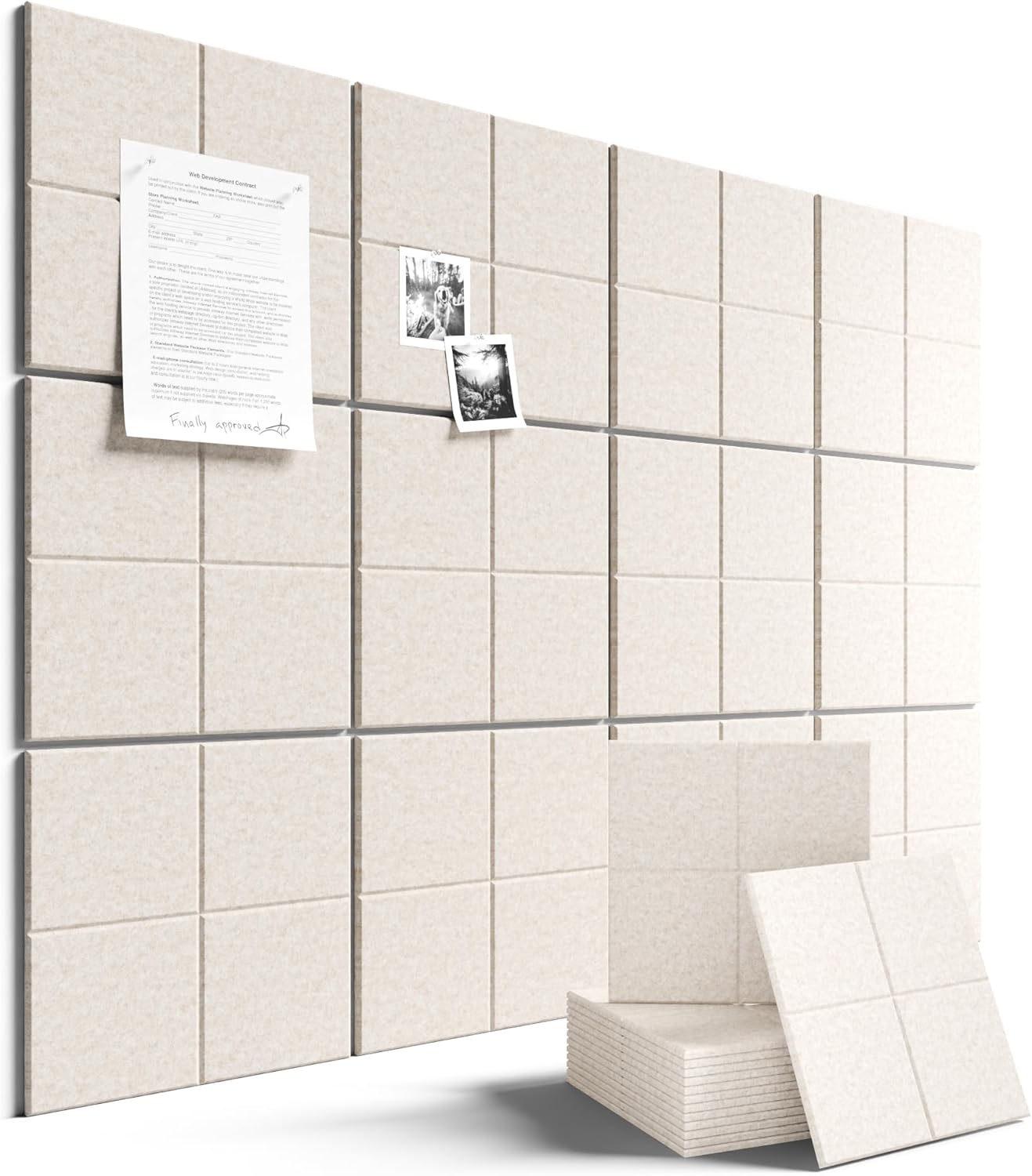 Large Felt Bulletin Board 48" x 36", 12-Pack 4-Compartment Wall Organizer, Cork Board Alternative with 70 Removable Adhesive Tabs, Modular Felt Panels for Home Office, Classroom and Study-Oatmeal