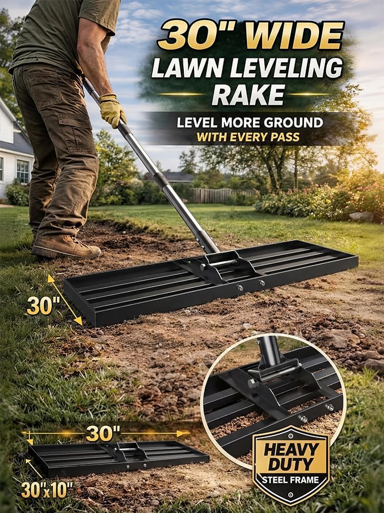 30x10 inch Lawn Leveling Rake, Yumatum 72" Effort Saving Lawn Leveler Tool, Stainless Steel Handle Lawn Leveler for Golf Course Yard Pasture Garden, Professional Lawn Care Landscape Rake