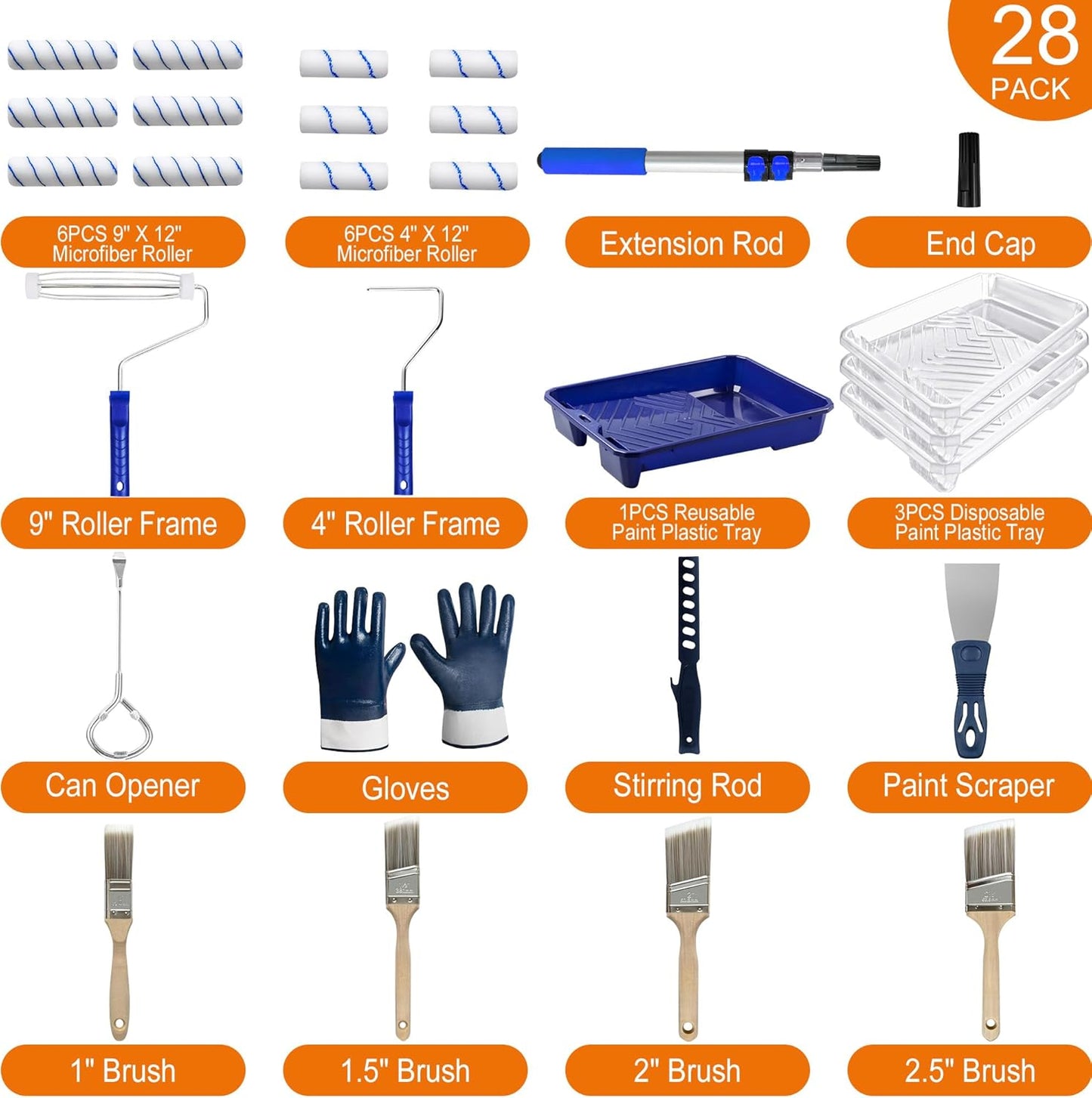 28 PCS Paint Roller Kit with Extension Pole, 4"and 9" Paint Roller, Including Gloves, Paint Tray, Flat Paint Brush, Scraper, etc., for Professional House Painting & Oil Paints