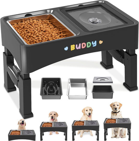 Decflow 3-in-1 Elevated Dog Bowls, 4 Height Adjustable Raised with Stainless Steel, Slow Feeder, No Spill Water Bowl, DIY Stickers Foldable Pet Bowl for Medium Large Dogs