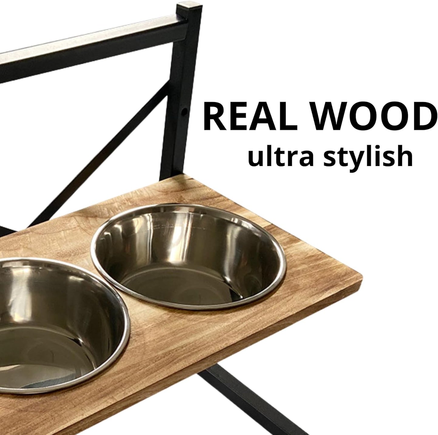 Pet Compawny Elevated Dog Bowl, Adjustable, 3 Heights with Stainless Steel, Raised Stand for Food and Water, Perfect for Dogs and Cats, Easy to Clean, Wood and Metal Frame, Modern Design