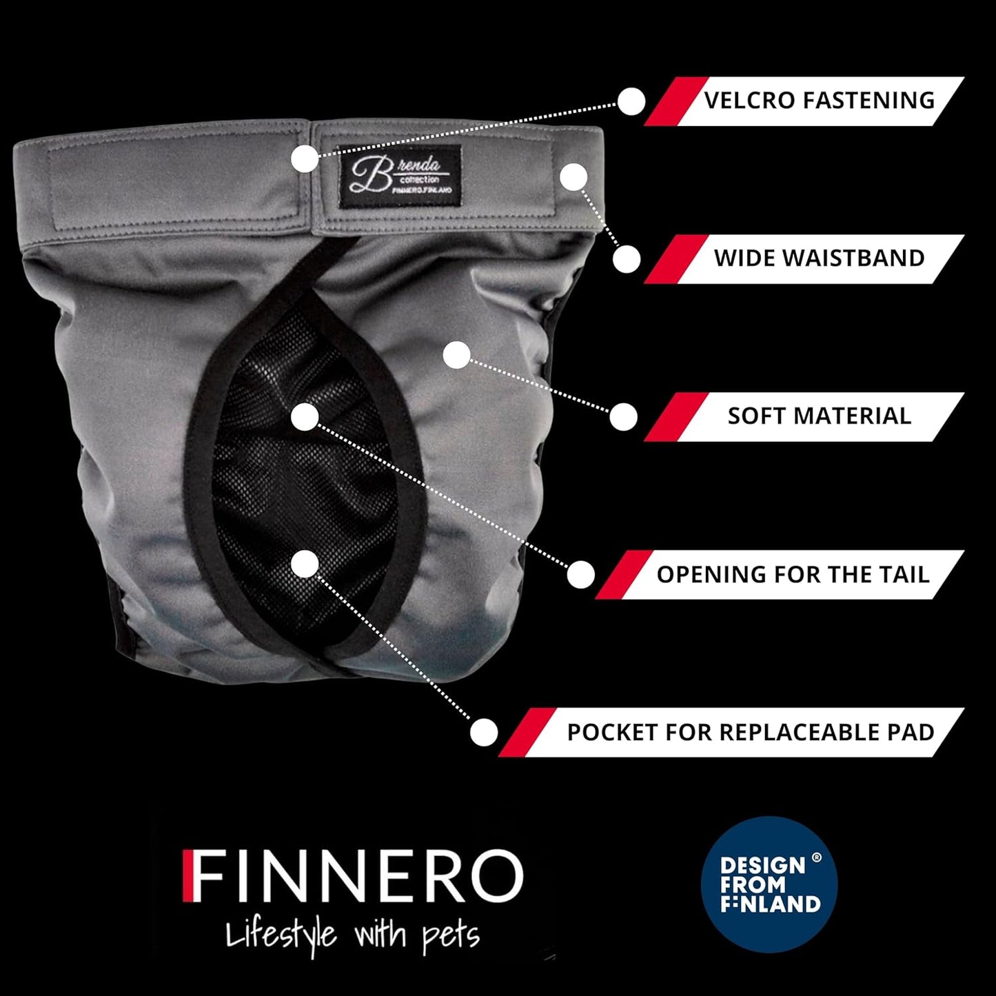 FINNERO Brenda Reusable Dog Diaper, Leak-Proof, Adjustable, Heat & Incontinence Protection, M – Gray