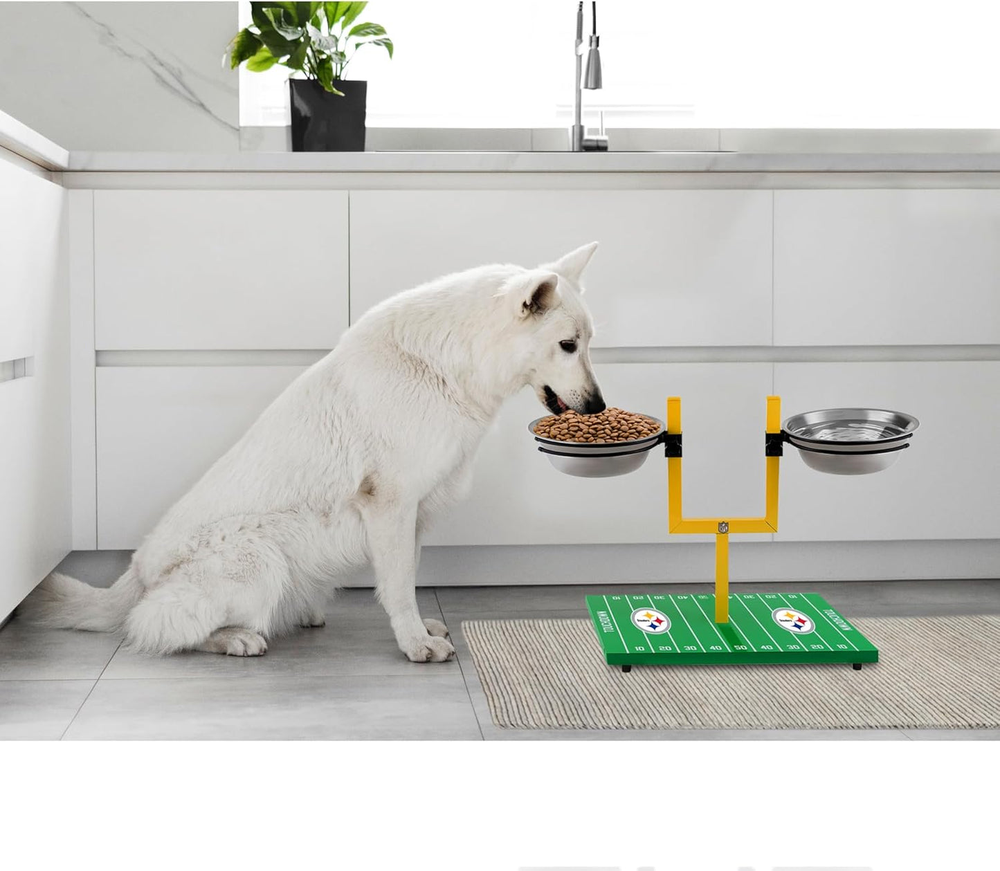 NFL Pittsburgh Steelers Goalpost Football Field Dog Feeder – Adjustable Elevated Dog Bowls with Stand, 2 Stainless Steel Bowls, Non-Slip Rubber Feet, Raised Pet Feeder for Large & Small Dogs, Cats.