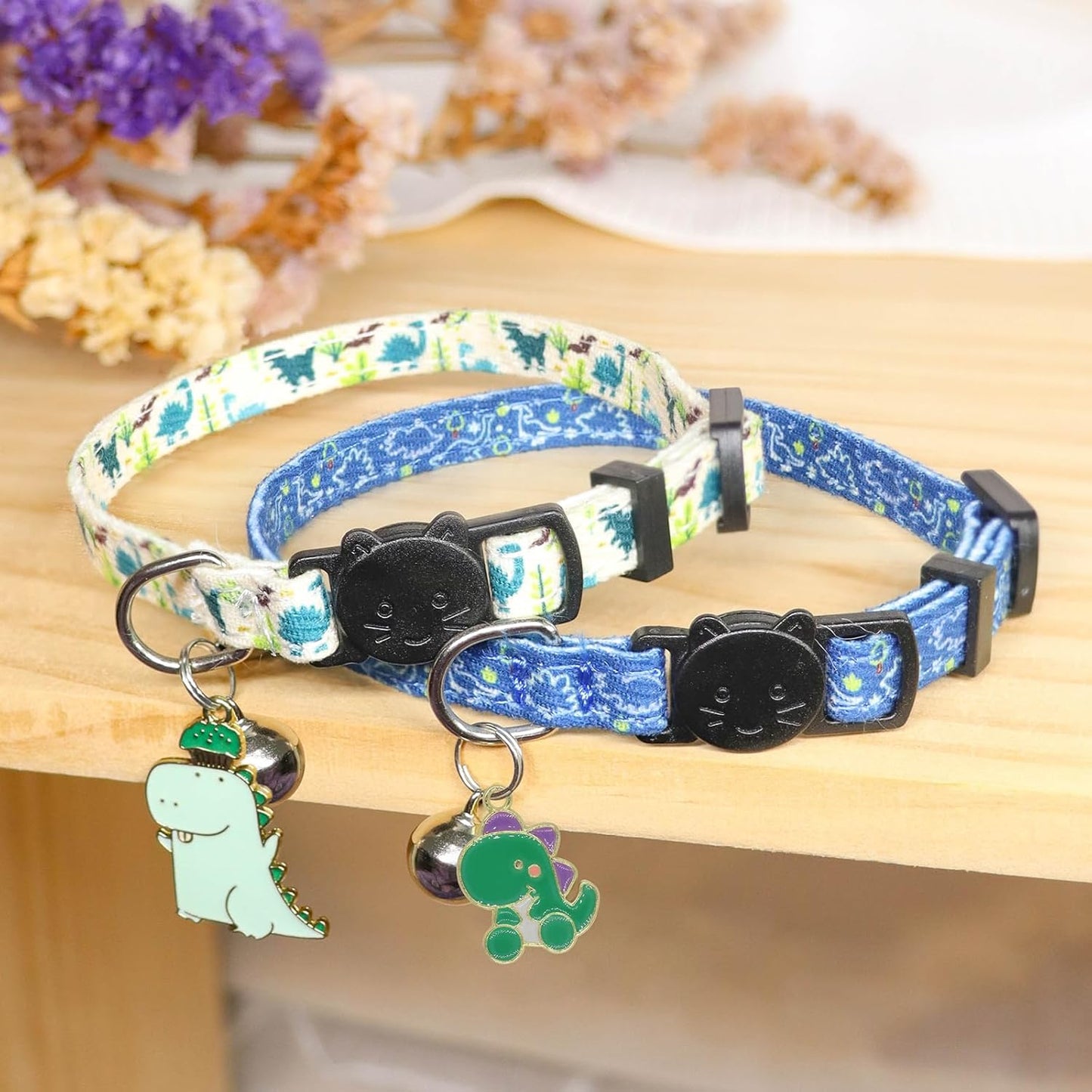 Cat Collar Breakaway, 2 Pack Cotton Cats Collars with Bells, Cute Dinosaurs Shaped for Girl Boy Kittens