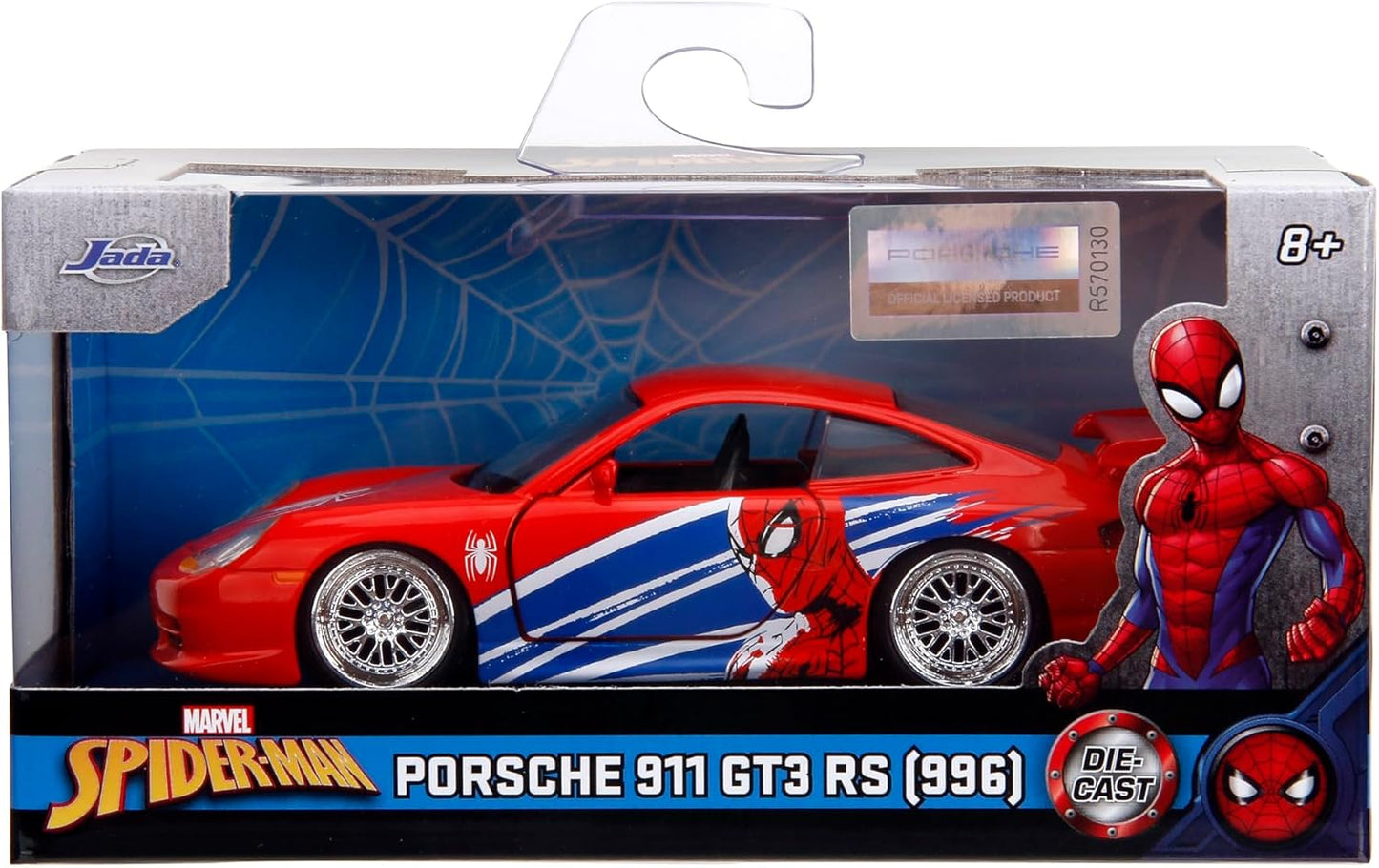 Jada Hollywood Rides Spider-Man Porsche 911 GT3 RS 1:32 – Die-Cast Vehicle Paint, Opening Doors, Marvel Theme – Red/Blue Design for Kids & Collectors