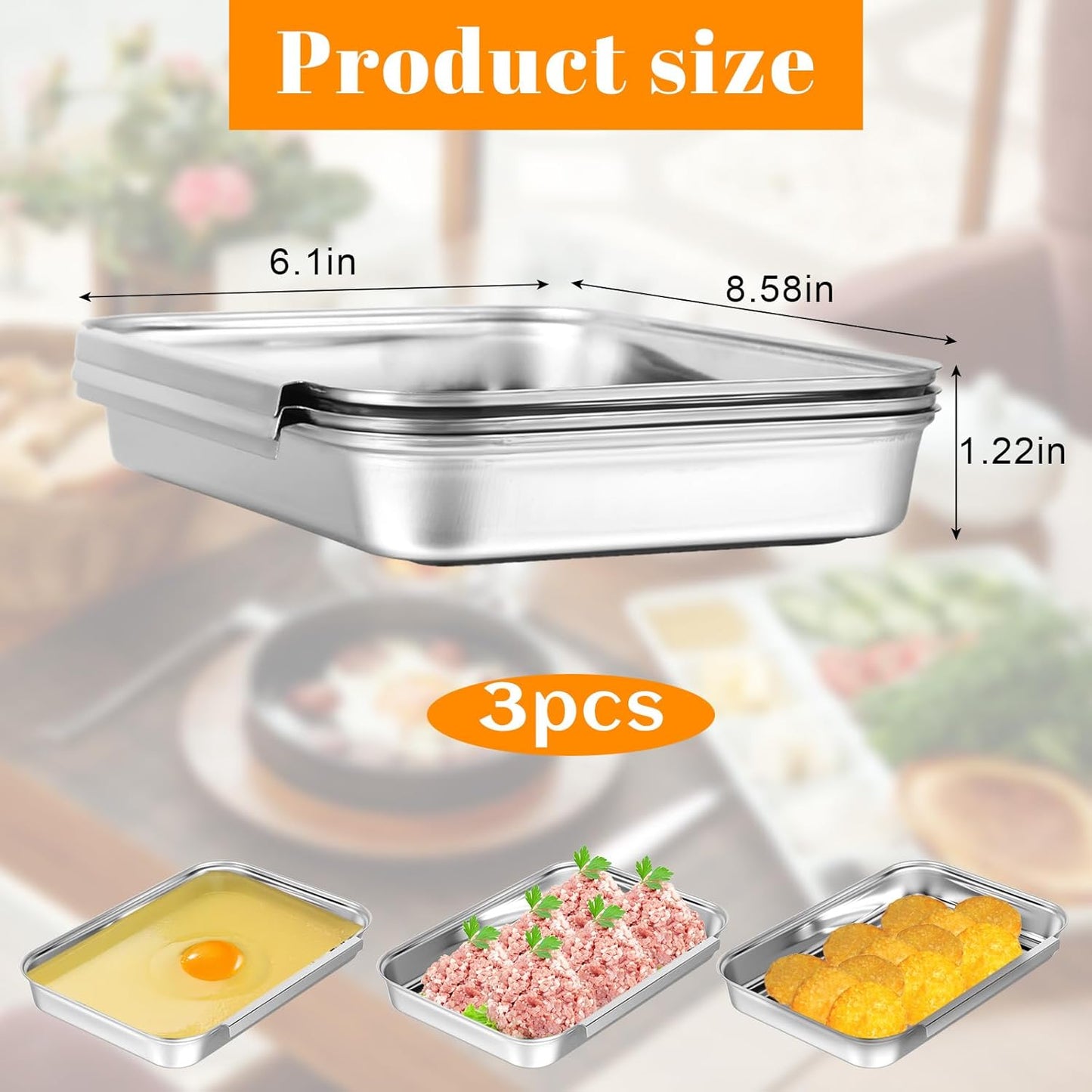 Breading Trays Set of 3 Dredging Trays for Cooking, Stainless Steel Breading Pans Set for Marinating Meat, Chicken, Fish, Food Prep Tray