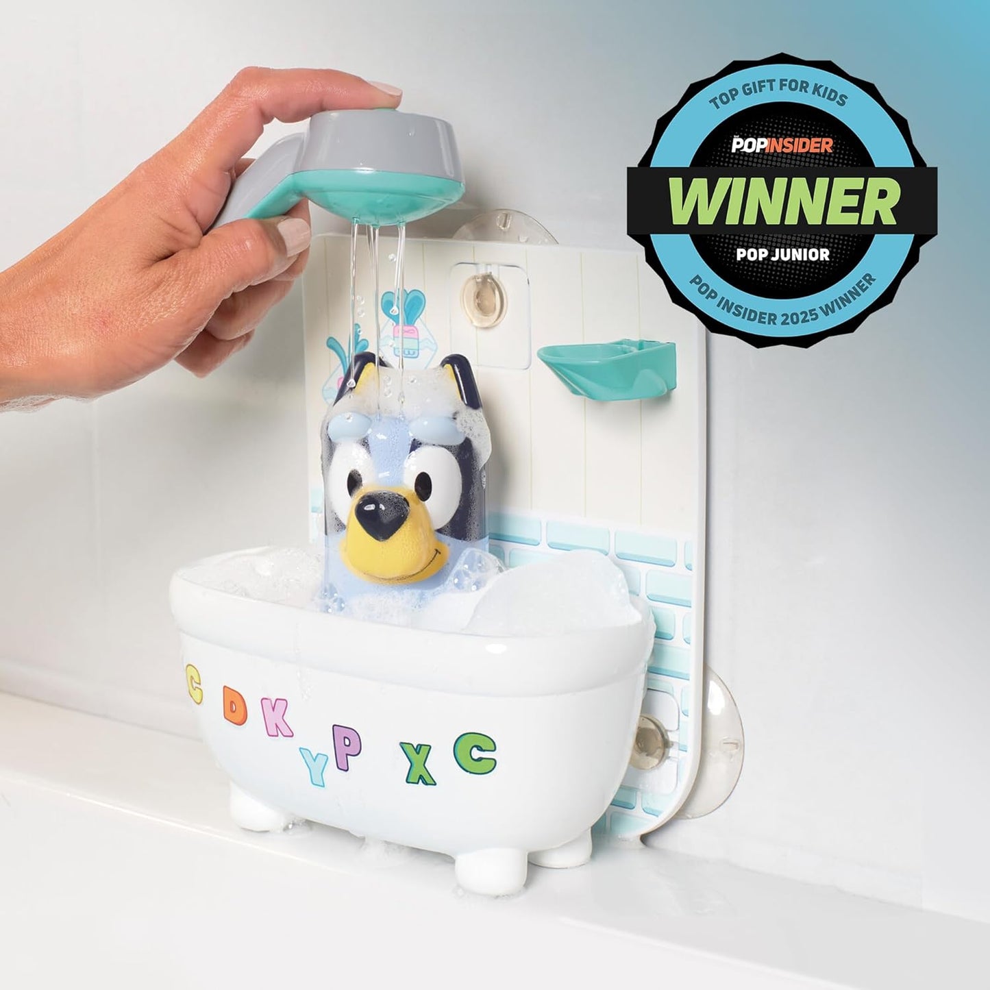 TOMY Toomies Shower & Scrub Bluey - Create Your Own Bubbles - Includes Rinsing Showerhead and Removable Bluey Toy - Interactive Bath Toys - Toddler Easter Basket Fillers - Ages 18 Months and Up
